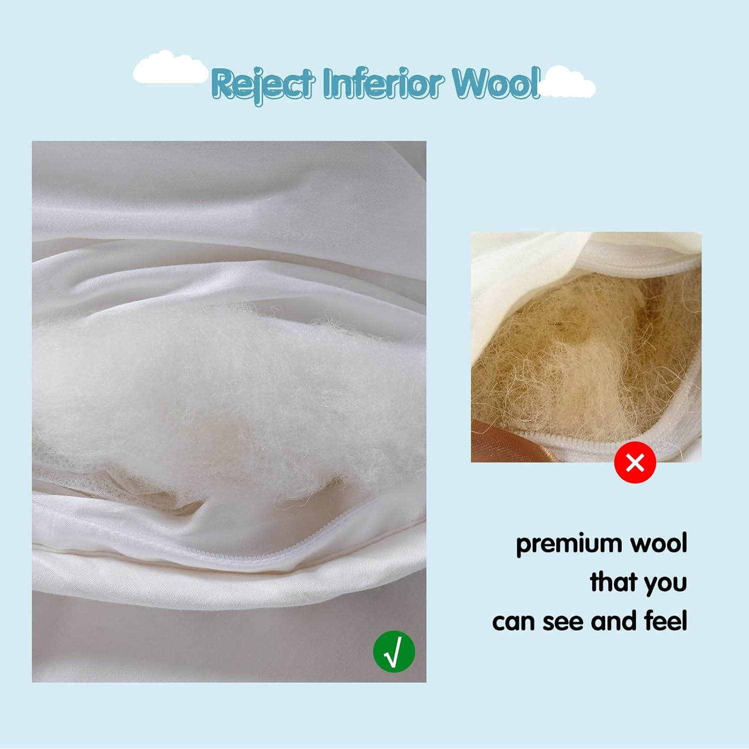 YOUR MOON All Seasons Luxurious Wool Comforter Queen Size, Premium Wool Filled Comforter, 100% Natural Australian Wool Duvet Insert, Noiseless Cotton Cover (White)