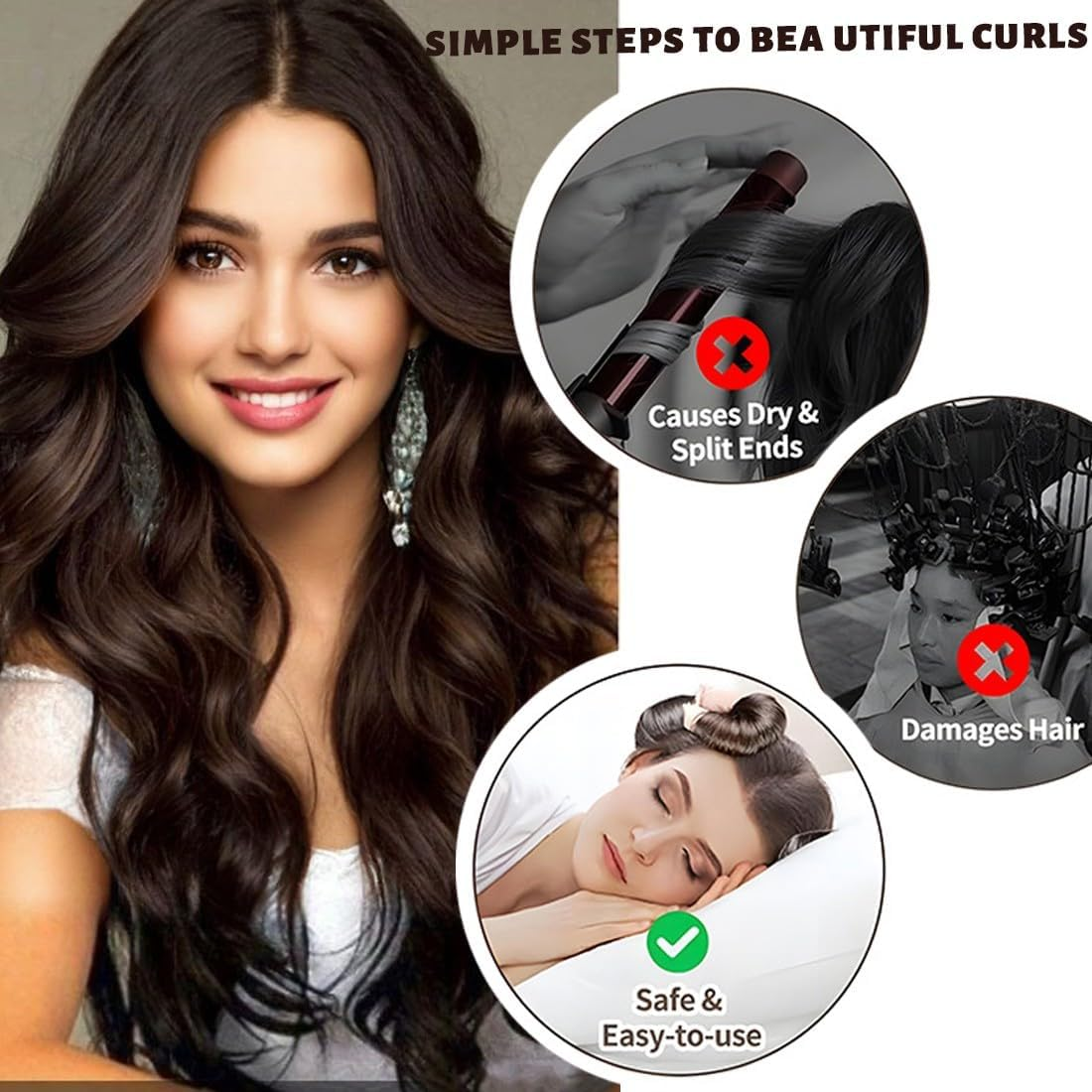 ZEPIQOR Pack of 4 Heat-Free Curlers, Heatless Curls Band, Curlers Overnight with Hooks, Overnight Blowout Curls without Heat, Curlers Heatless Curls for All Hair Types (Brown)