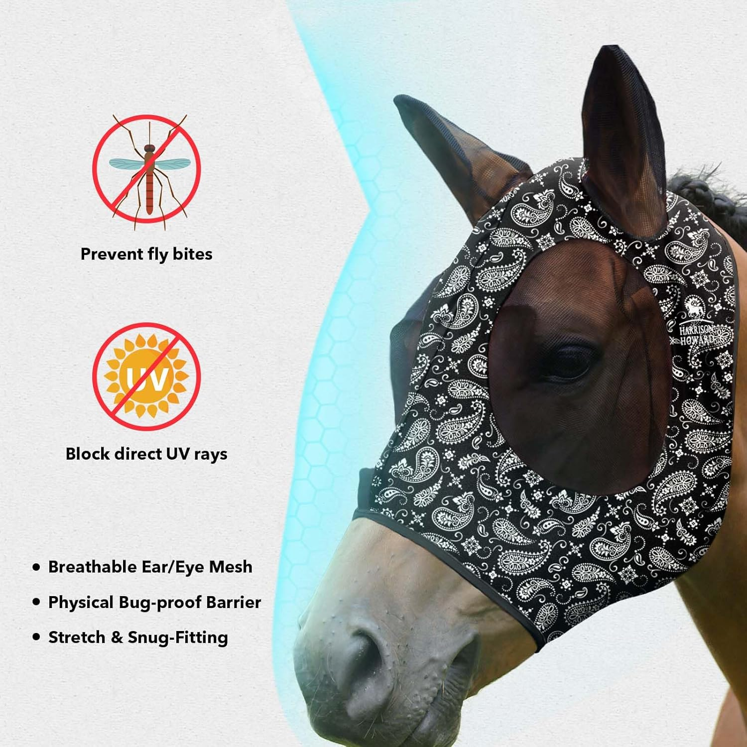 Harrison Howard Super Comfort Stretchy Fly Mask Large Eye Space with UV Protection Soft on Skin with Breathability Paisley Wave Cob (Medium) image number 3