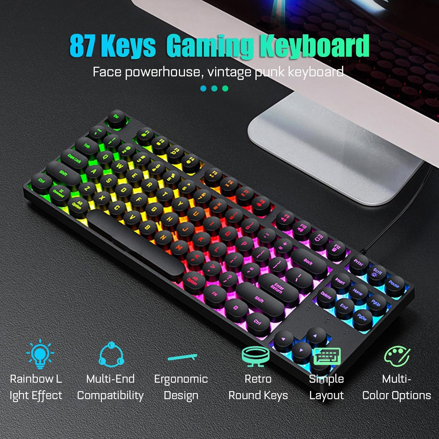 87 Keys Typewriter Style Mechanical Gaming Keyboard, Colorful Backlit Retro Punk round Keycaps Keyboard, anti Ghosting Hot Swap USB Wired Keyboards, for Gamers, Typists (Black) image number 2