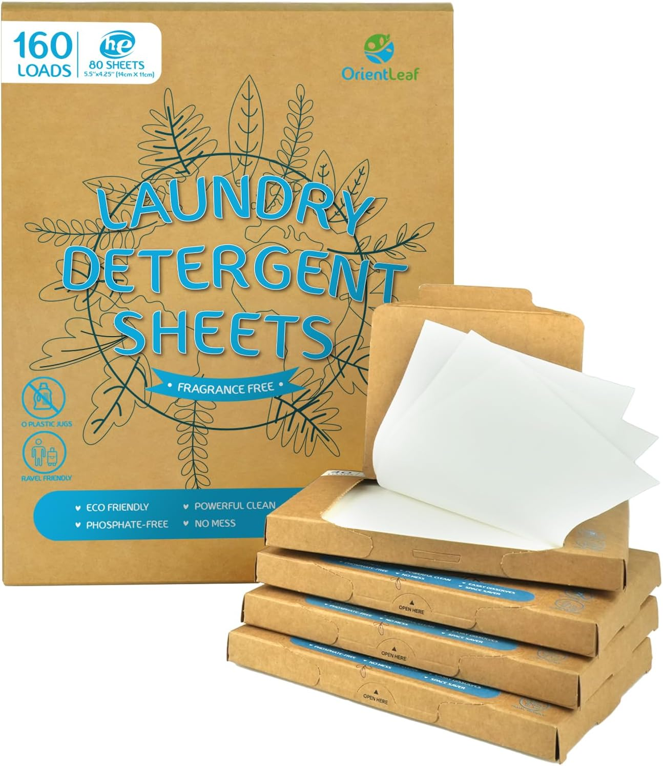 Orientleaf Laundry Detergent Sheets Fragrance Free, Eco-Friendly, Powerful Cleaning, up to 160 Loads, Hypoallergenic Laundry Soap Sheets for Travel and Home Washing