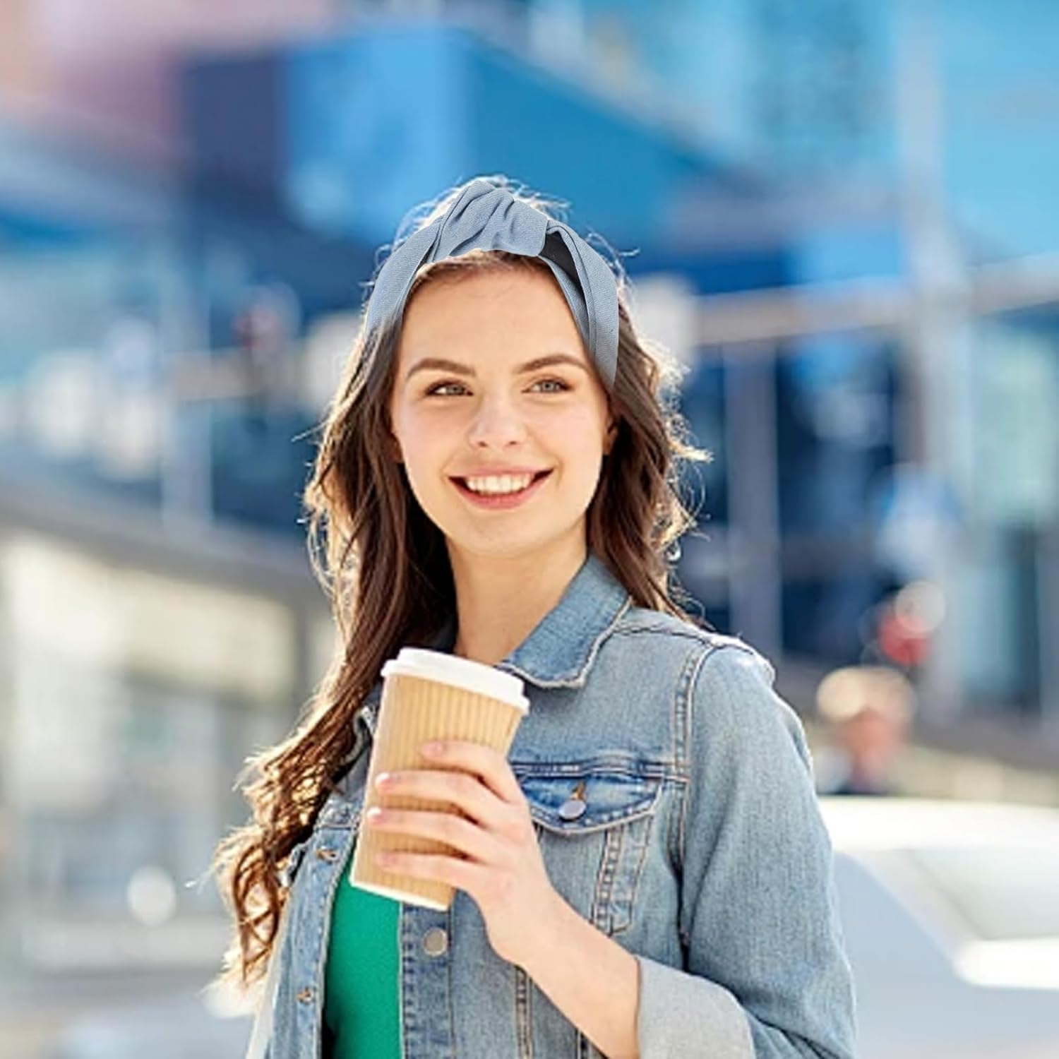 Pack of 2 Vintage Denim Knot Headbands Non-Slip Solid Wide Elastic Hair Bands with Cross Knotted Head Hair Accessories (Dark Blue Light Blue)