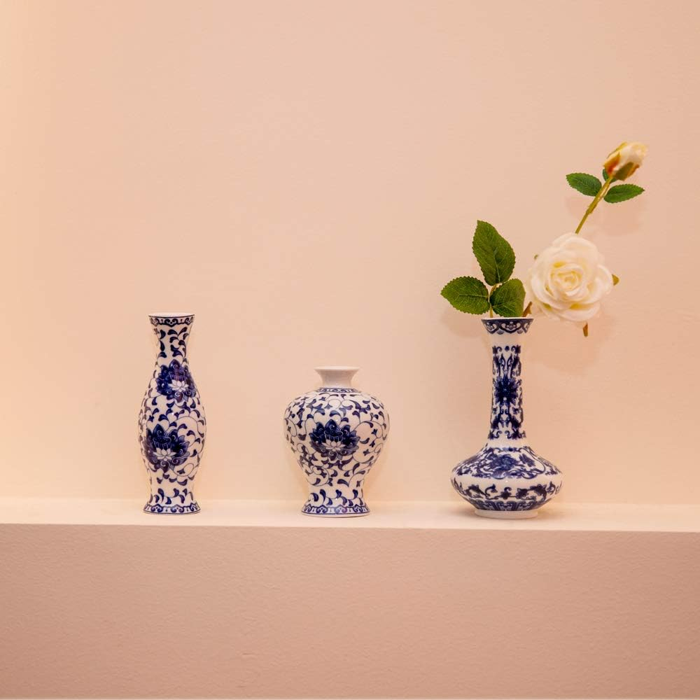 Set of 3 Small Blue & White Porcelain Vases, Fambe Glaze Porcelain Vases Set of 3, Classic Ceramic Flower Vases for Home D&eacute;cor - Blue  White Porcelain Set image number 5