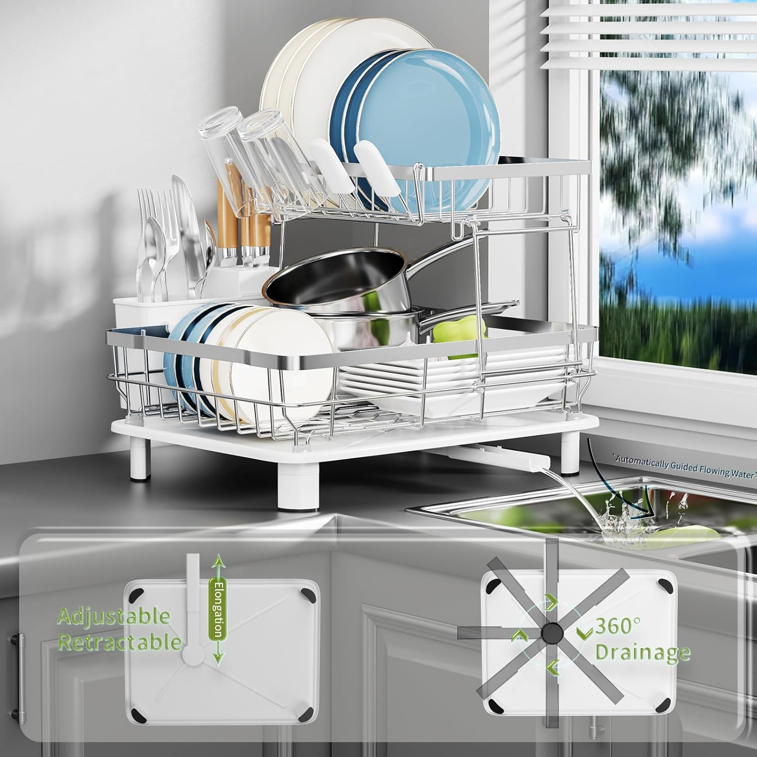 Sandream Dish Drying Rack, 2 Tier Large Dish Rack, Stainless Steel Dish Drainer for Kitchen Counter, Dish Rack with Draining Tray & Cutlery Utensil Holder (White) - Grey image number 5