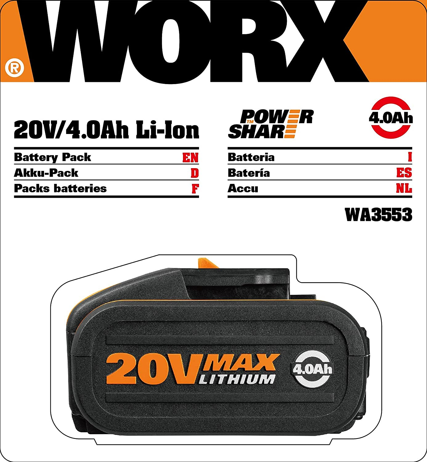 WORX 20V Powershare 4.0Ah Battery Pack Lithium-Ion, Battery Capacity Indicator WA3553