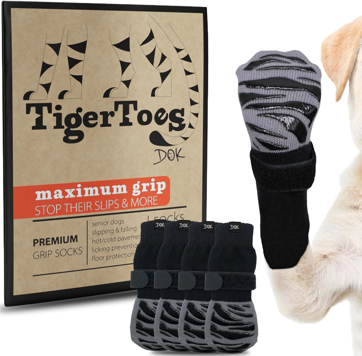 DOK Tigertoes Premium Non-Slip Dog Socks for Hardwood Floors - Extra-Thick Grip That Works Even When Twisted Prevents Licking, Slipping, and Great Paw Protection Size Large, Grey (Dok-Tt-Gry) image number 2
