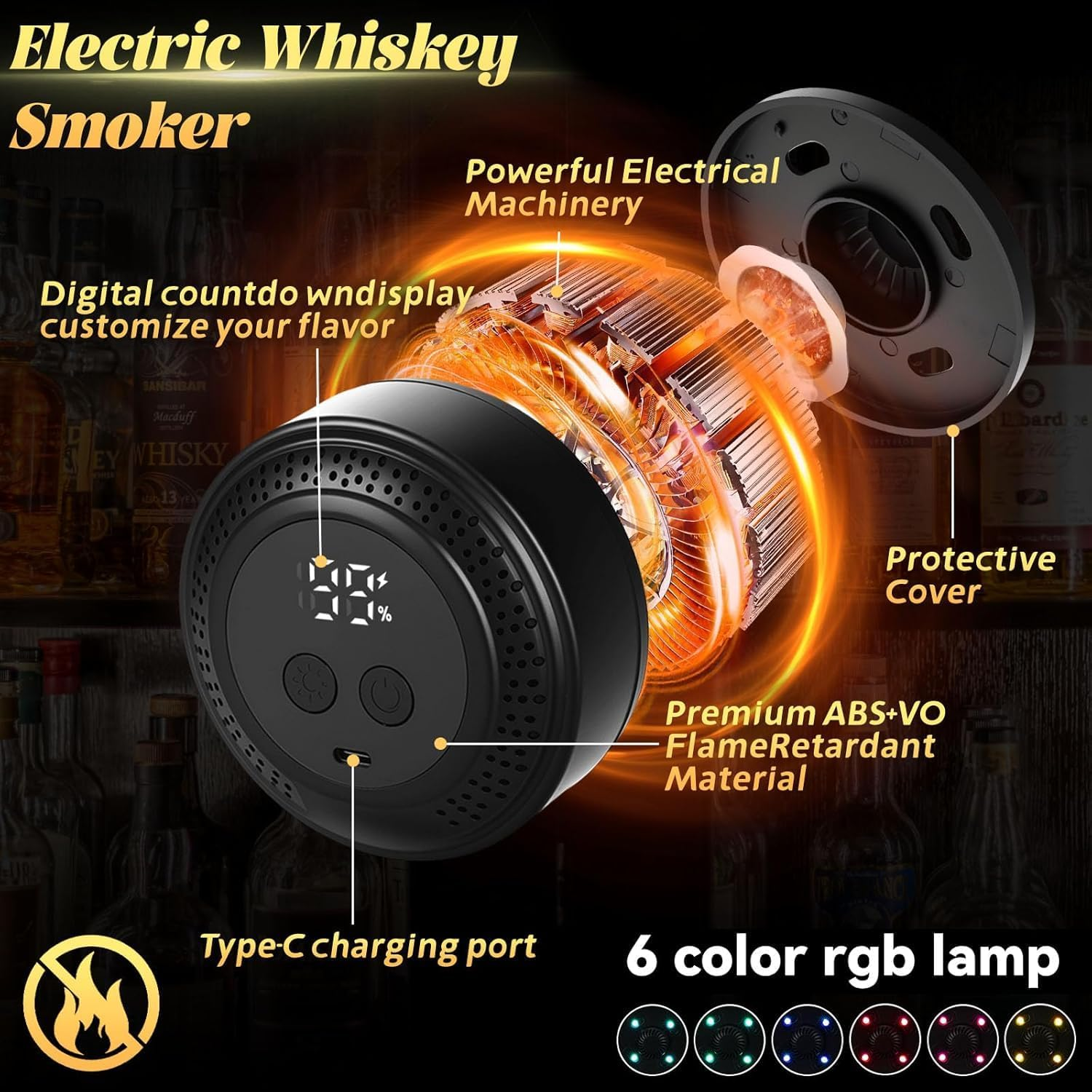 Electric Whiskey Smoker Kit, Old Fashioned Smoker Kit, Built-In Lighter & Ambient Light, 4 Reusable Ice Cubes 6 Wood Chips, Gifts for Men Dad Husband Whiskey Lovers image number 6