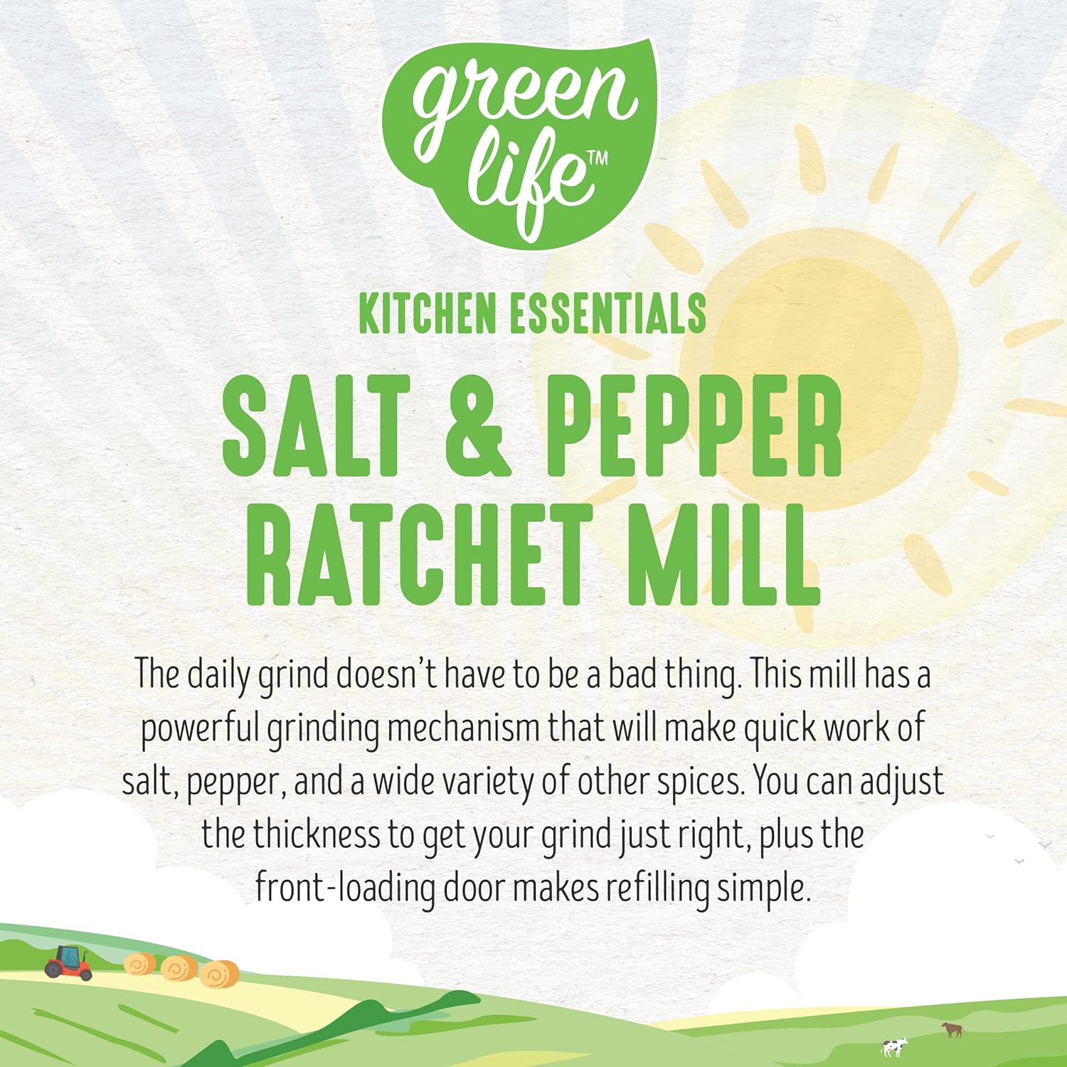 Greenlife Salt and Pepper Grinder, Mess-Free Ratchet Mill, Adjustable Coarseness and Easily Refillable, Turquoise