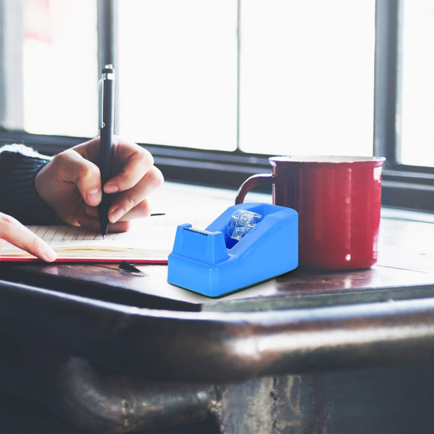 Veemoon Portable Small Tape Dispenser with Colored Transparent Design Hold and Cut Tape Holder for Office School and Home Use Practical Desk Accessory in Blue