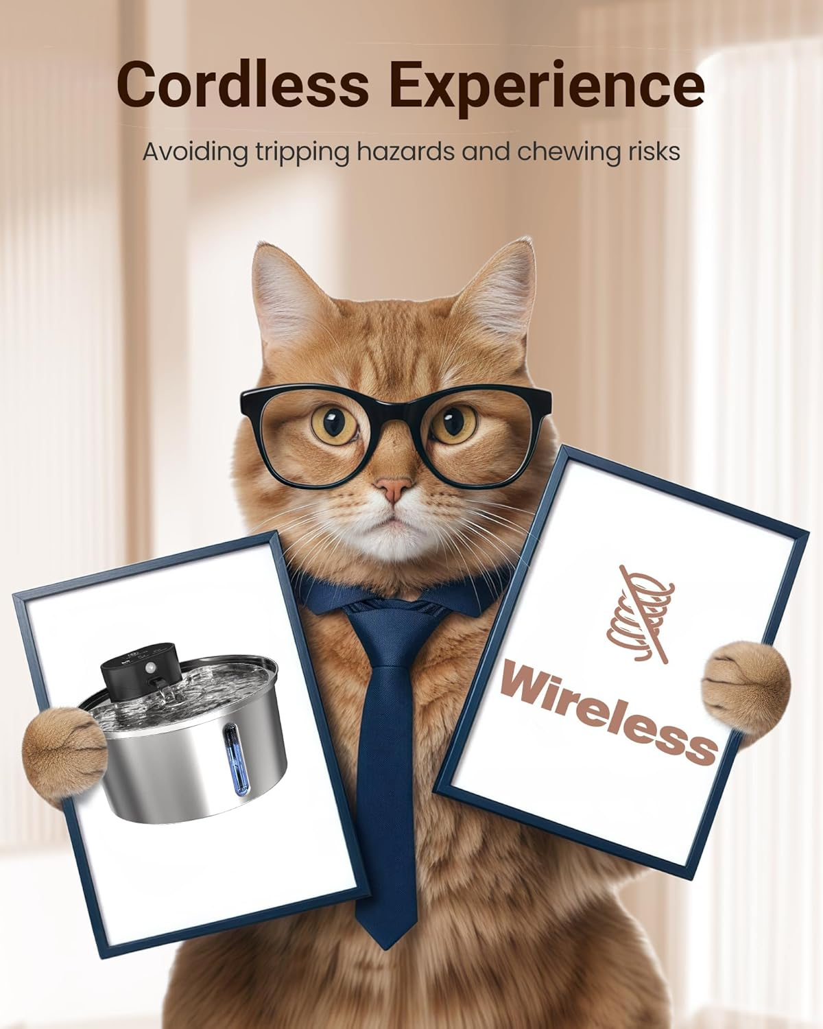 Wireless Cat Water Fountain Stainless Steel, 108Oz/3.2L Automatic Cat Fountain Battery Operated, Cordless Pet Water Fountain for Cats & Dogs with Motion Sensor, Ultra Quiet Pump, Multi-Filtration image number 1