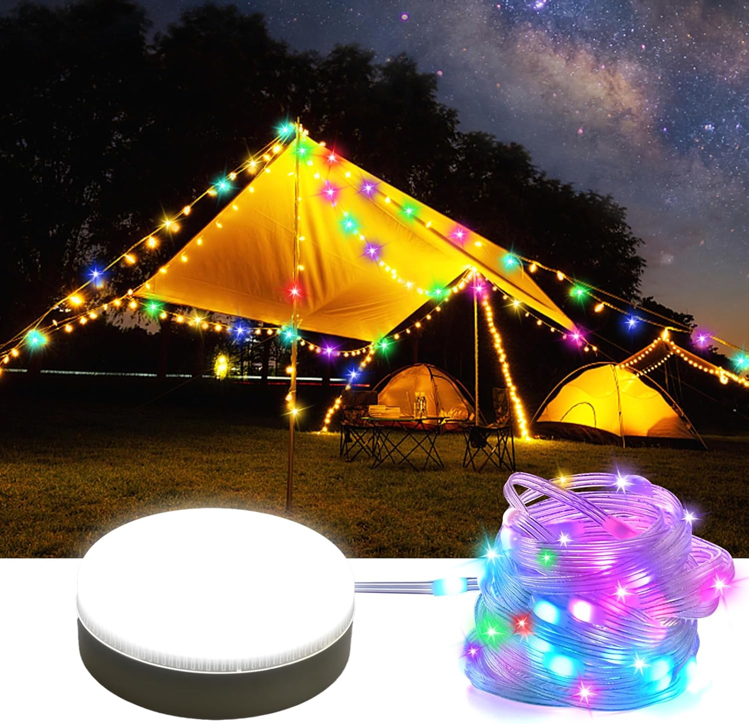 Camping String Lights,4 in 1 Rechargeable Outdoor Waterproof Camper String Lights Reel with 19 Lighting Modes,Usb Charging Camping Lights,Portable Stowable RGB Retractable for Yard - 8M image number 4