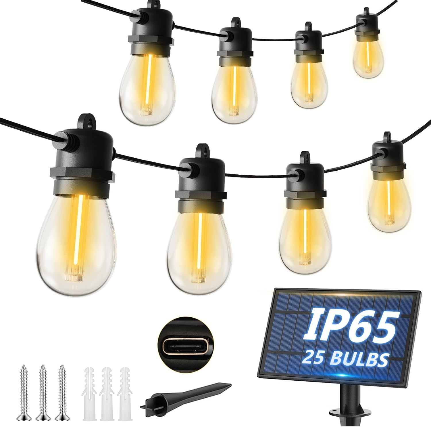 Roshin Solar Lights Outdoor 15M 25 Bulbs(49Ft) - Bright Solar Festoon String Lights Outdoor with IP65 Waterproof Shatterproof for Backyard, Garden, Yard, Camping, Party, Christmas (S14)