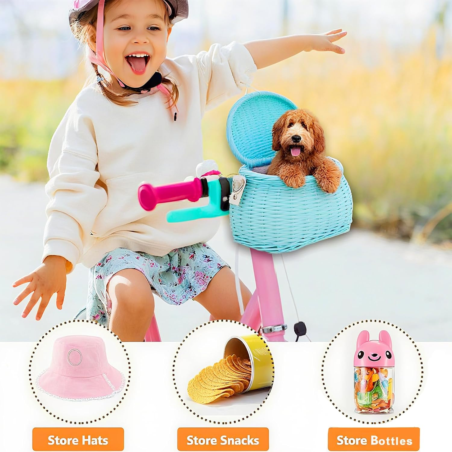 Kids Bike Basket Set, Bike Scooter Tricycle Basket, Children Cycling Basket, Children Bike Basket Handwoven Backpack with Lid Shoulder Strap, Rattan Basket, Front Handlebar Basket image number 2