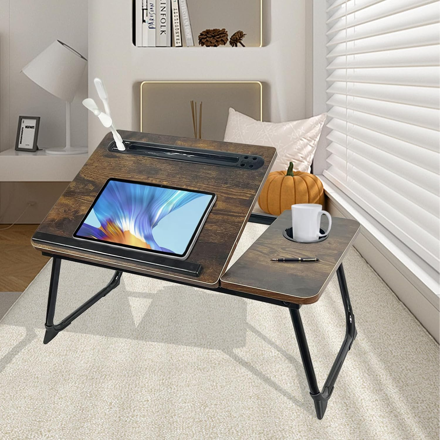 Laptop Desk for Bed, Adjustable Laptop Stand with 5 Different Angles, Portable Lap Tray Table with USB Charge Port and Cup Holder, Laptop Bed Desk Tray for Writing Working Reading (Rustic Brown) image number 4
