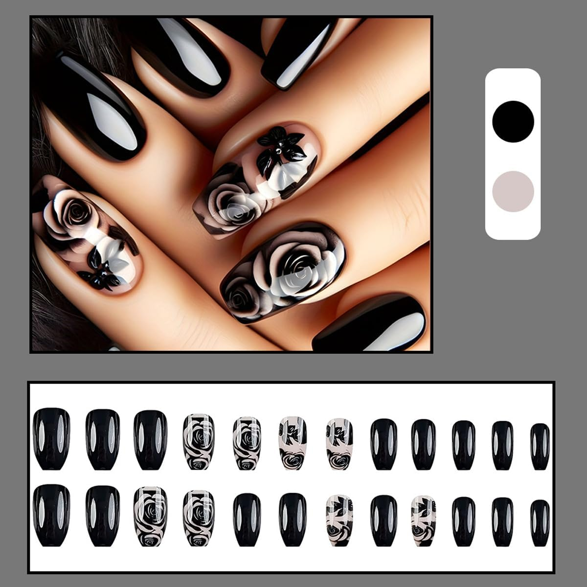 ＴＩＺＹＦＦ Press on Nails, Black Rose Fake Nails, Artificial Nails for Women and Girls -24 Pcs image number 3