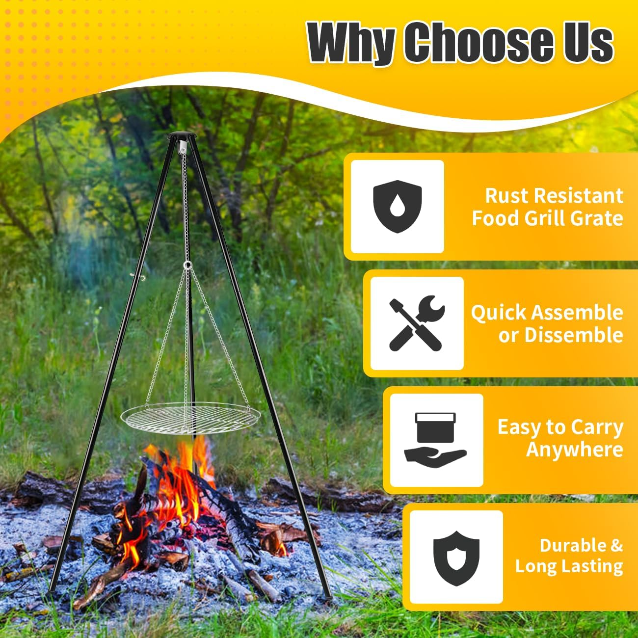 Gzcmxh Campfire Tripod Grill: Campfire Cooking with Adjustable Height Hook - Durable Stainless Steel Grill for Outdoor Picnic,Camping (Black) image number 2