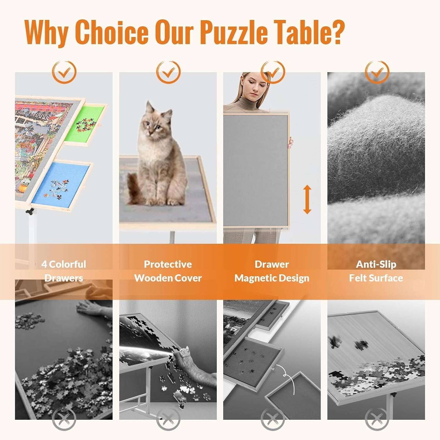 360&deg; Tilting 1500 Piece Puzzle Board with Drawers Adjustable Angle & Height Adjustable Jigsaw Puzzle Board on Wheels with Metal Legs Tilting Puzzle Table for Puzzle Lovers for Birthday ﻿ (White) image number 6