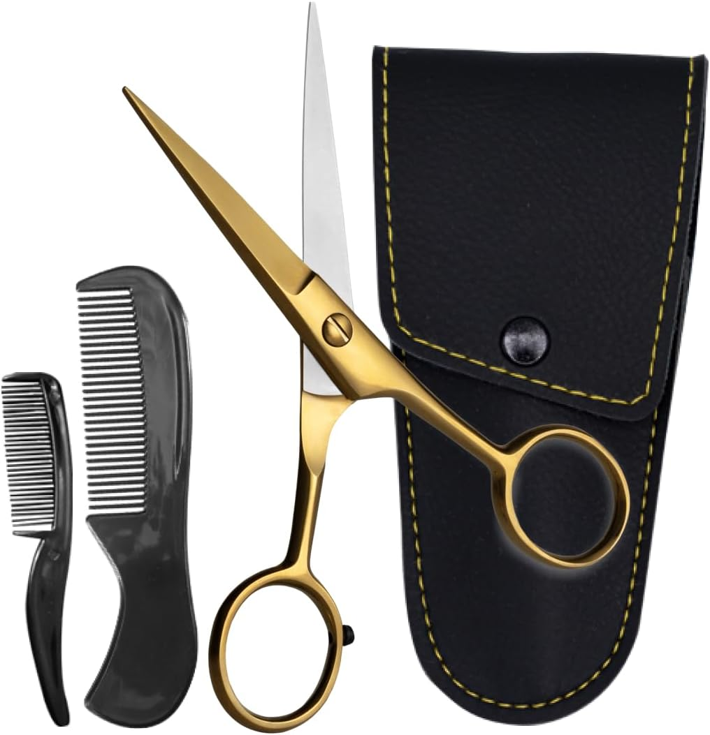 ONTAKI 5" Beard Moustache Scissors Professional German Steel 2 Comb Carrying Pouch Mustache Trimming - Hand Forged Bevel Edge Precision Men Facial Hair Grooming Kit All Body Hair (Golden Brass) image number 3