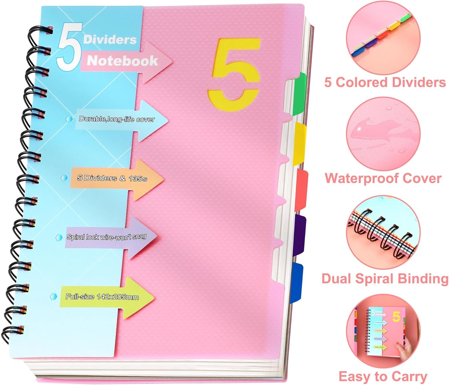 CAGIE 5 Subject Notebook with Removable Divider Tabs, A5 Spiral Notebook 5X7 Inch Lined Spiral Notebook for Women, 220 Pages Spiral Notebooks for School Note Taking, Pink image number 3