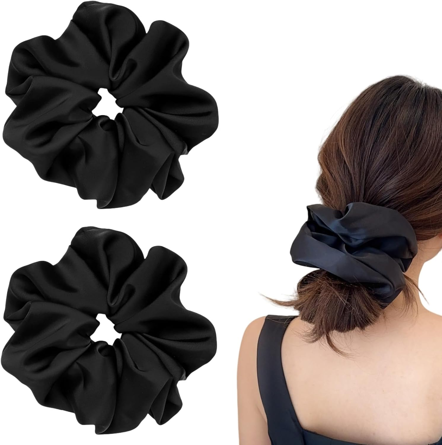 2 Pieces Jumbo Satin Silk Scrunchies for Women 7.5 Inches Large Oversize Scrunchies for Thick Hair Ties Hair Ornament (Black and Beige)