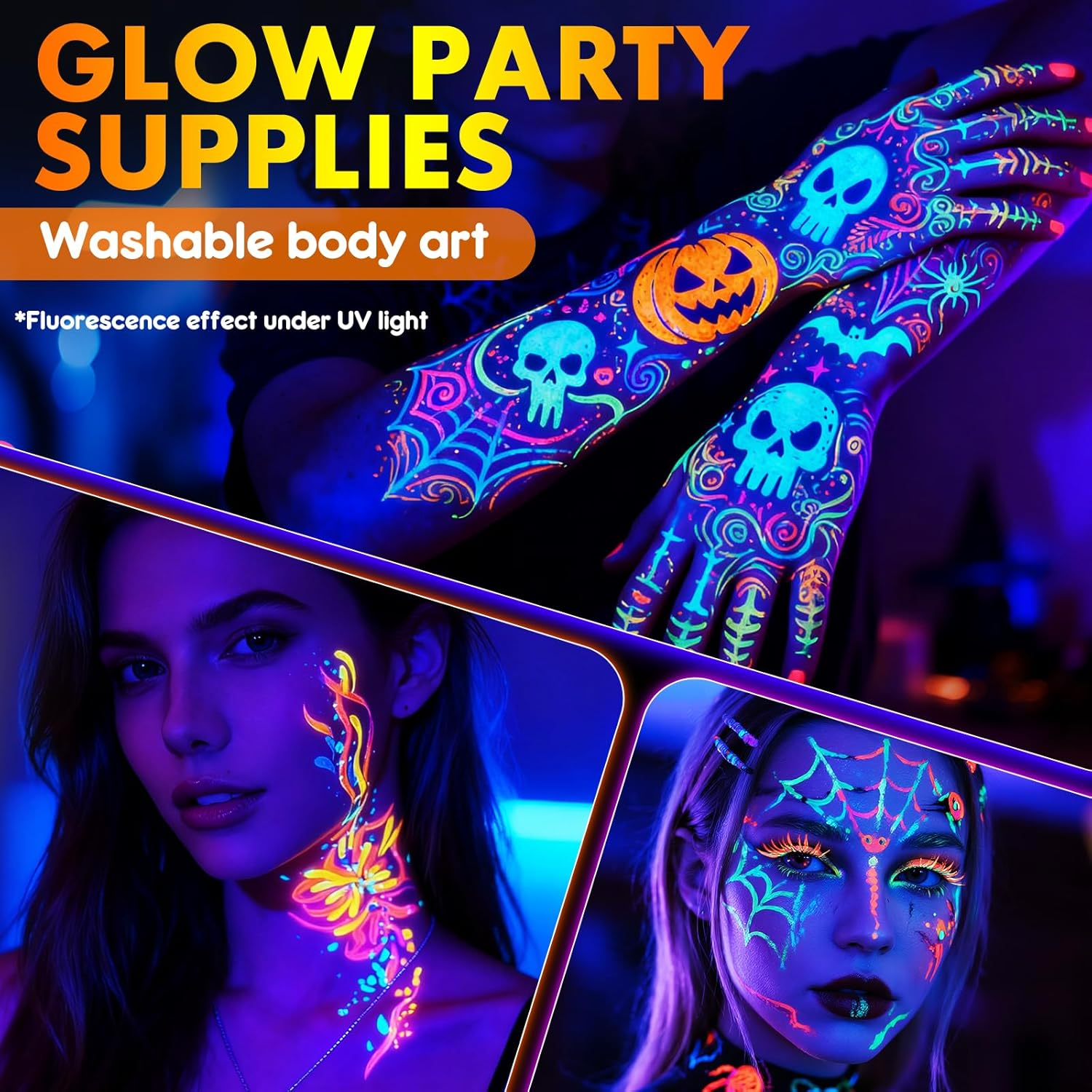 Nsxsu Halloween Makeup Glow in the Dark Face Paint Markers 10 Colors, Neon Body Paint Pen for Skin Glow under Black Light, Washable UV Temporary Tattoo Pens for Glow Party Supplies image number 2