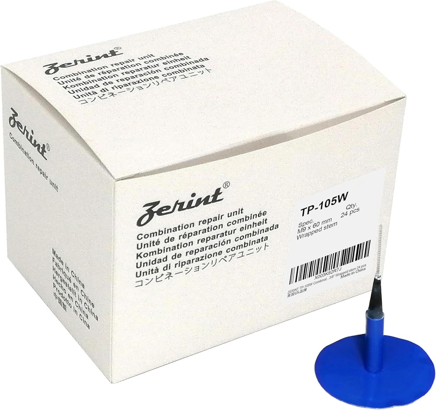 ZERINT TP-105W Combination Repair Unit, Tire Repair Patch Plug 3/8" X 2 3/8" Wrapped Stem 24 Pcs