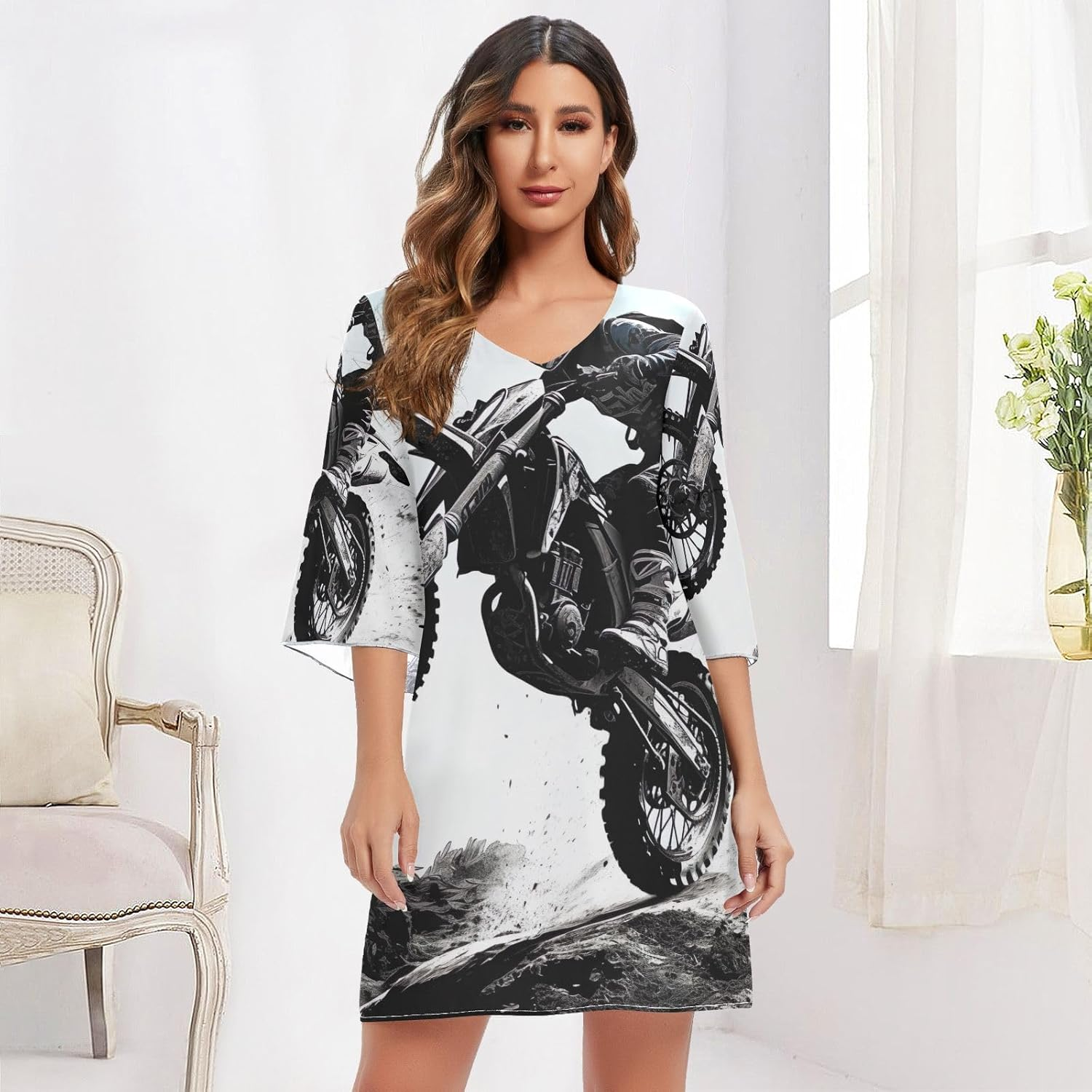 Dirt Bike Jump V Neck Summer Dress Printed Line Maternity Dress S-XXL image number 1