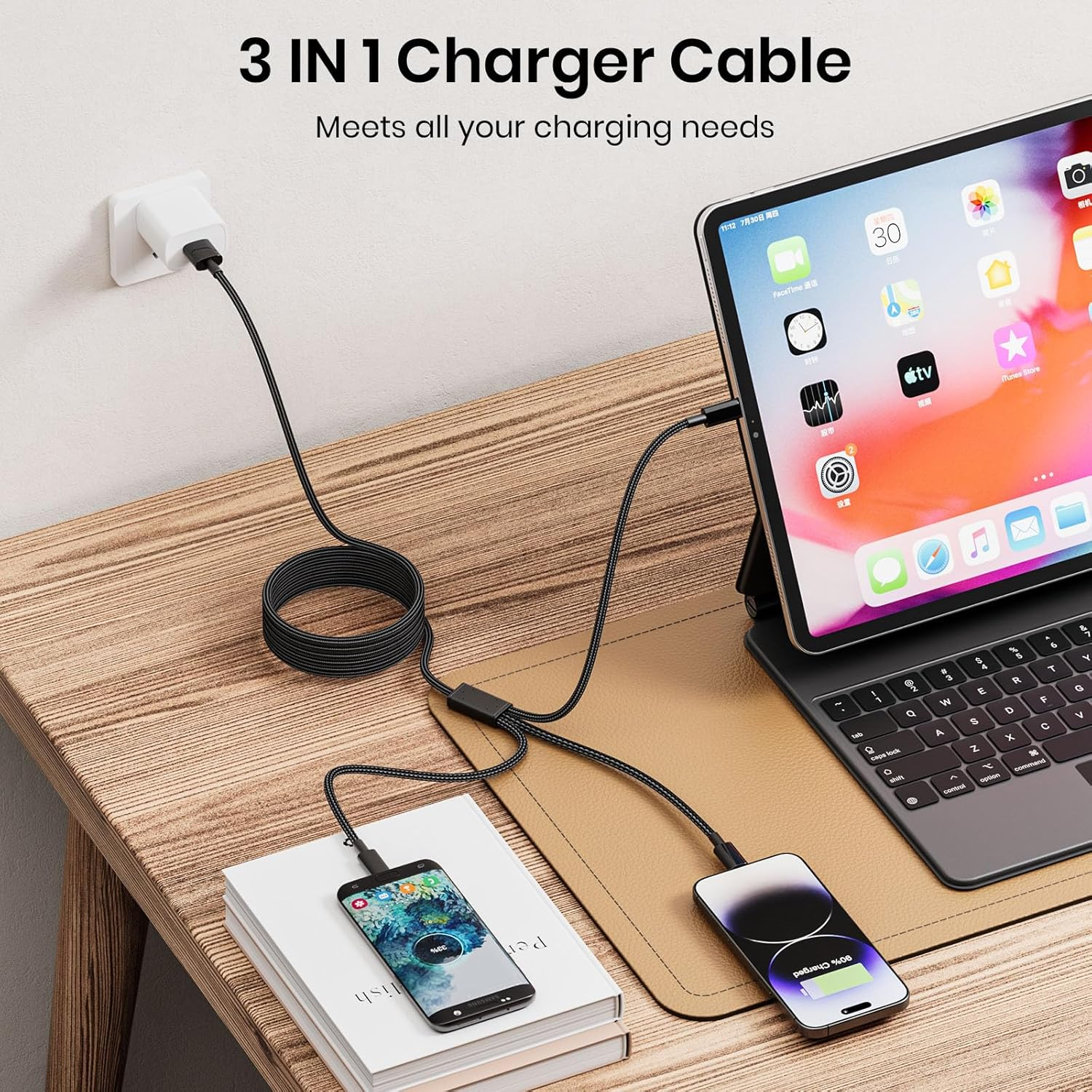 Multi Charger Cable，2Pack 1.3M+1.3M 3 in 1 Charging Cable with Micro USB/USB Type C/USB Type C Braided for Iphone15, Android Samsung S22 S20, Huawei, Nexus, Nokia,Lg,Kindle Fire ETC image number 2