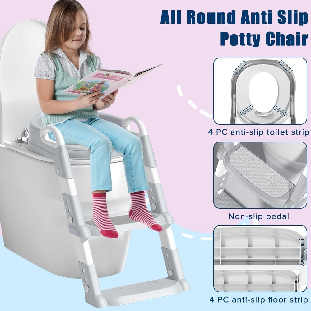 Yakiter Potty Training Seats, Kids Toilet Training Seat with Step Stool, Adjustable Height Ladder Guard Handle Soft Cushion White, Step Stool 2 in 1 Foldable Chair for Baby Toddler Boys Girls (Grey) image number 2
