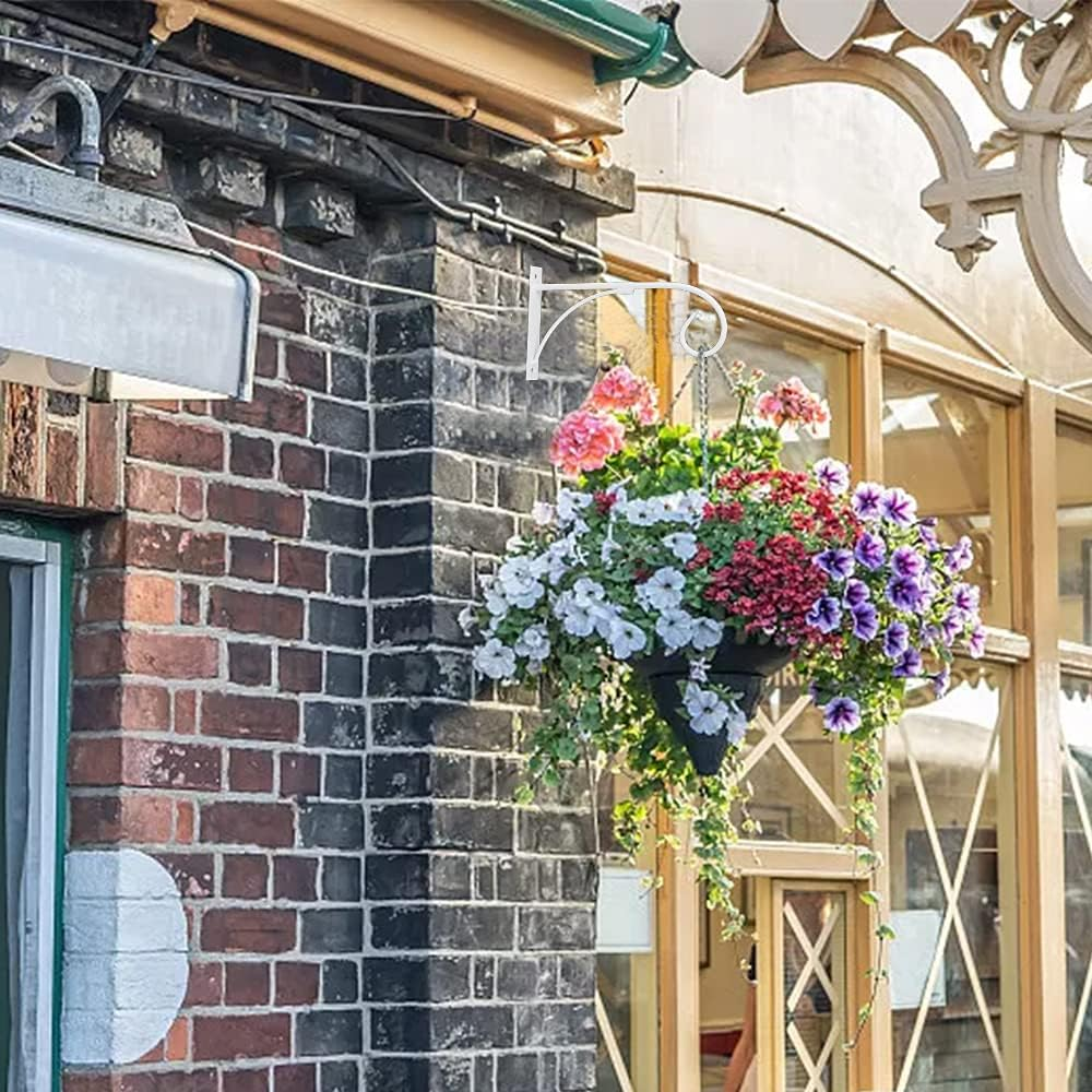 2 Pcs Hanging Basket Holder Flower Hook, Hanging Plant Hooks, Iron Art Garden Wall Hook, Plants Bracket, Outdoor Plants Hanger for Plant Flower Pots Lanterns Bird Feeders (White) - Black image number 5