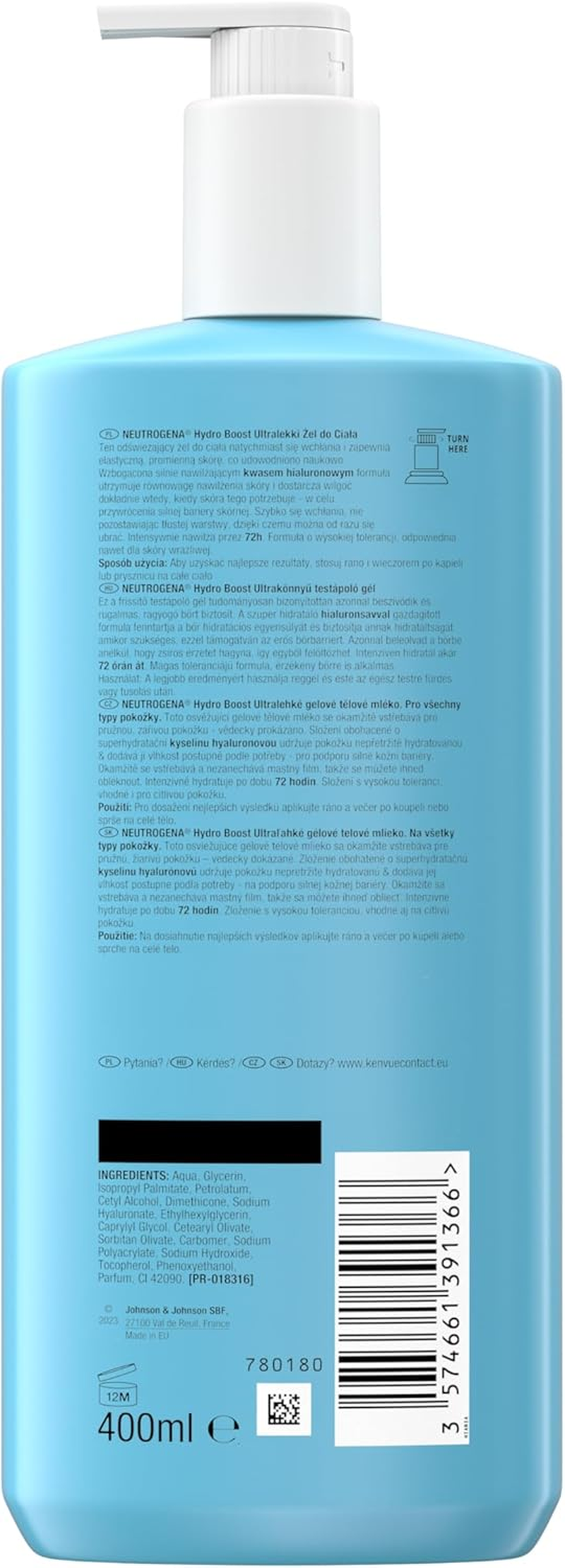 Neutrogena Hydro Boost Body Lotion Gel, Ultra Light Moisturising Cream with Hyaluron, for Normal to Dry Skin, 400 Ml image number 3