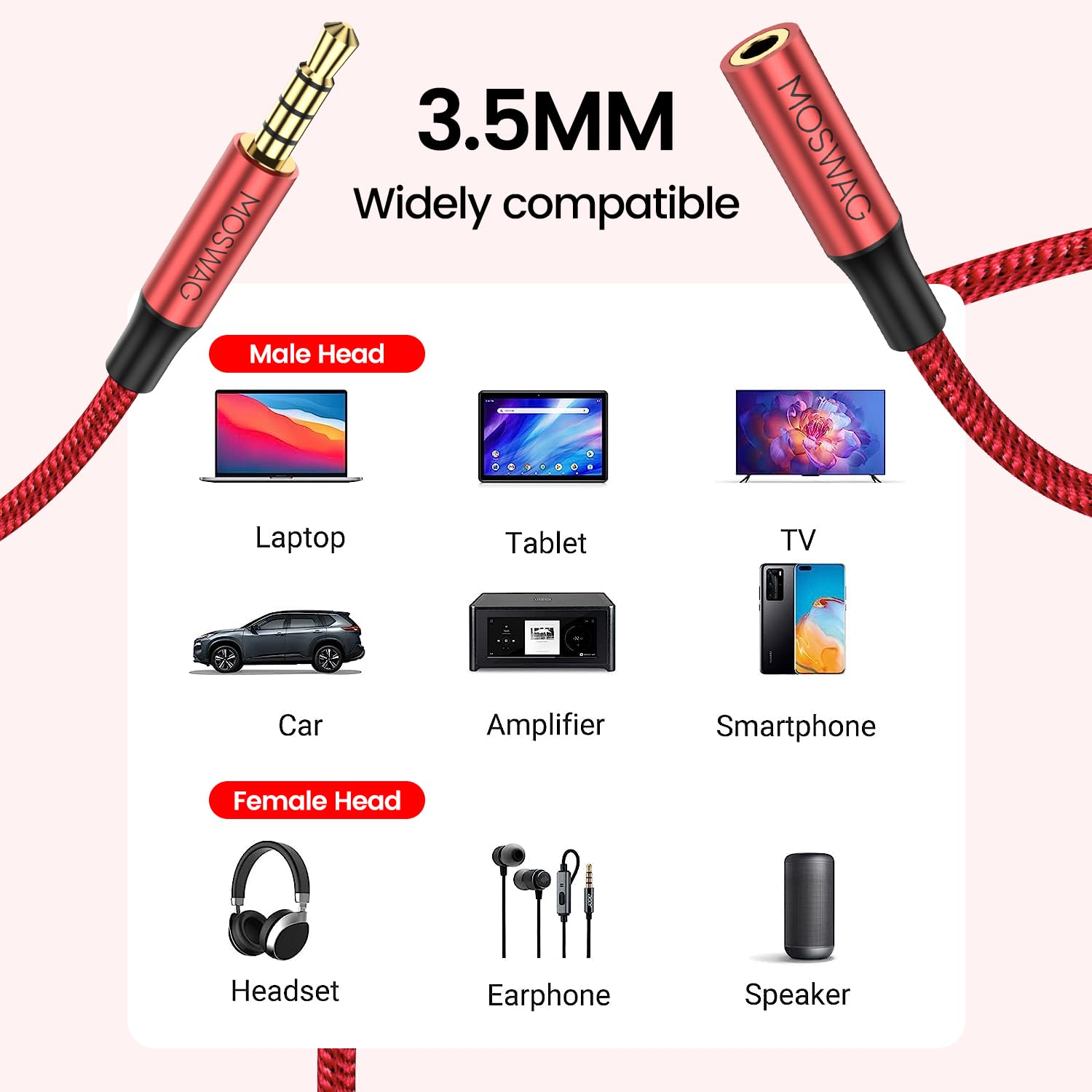 MOSWAG 3.5Mm Male to Female Extension Cable with Microphone Stereo Audio Adapter Nylon Braided Compatible for Home/Car Stereos Smartphones Headphones Tablets Media Players and More image number 4
