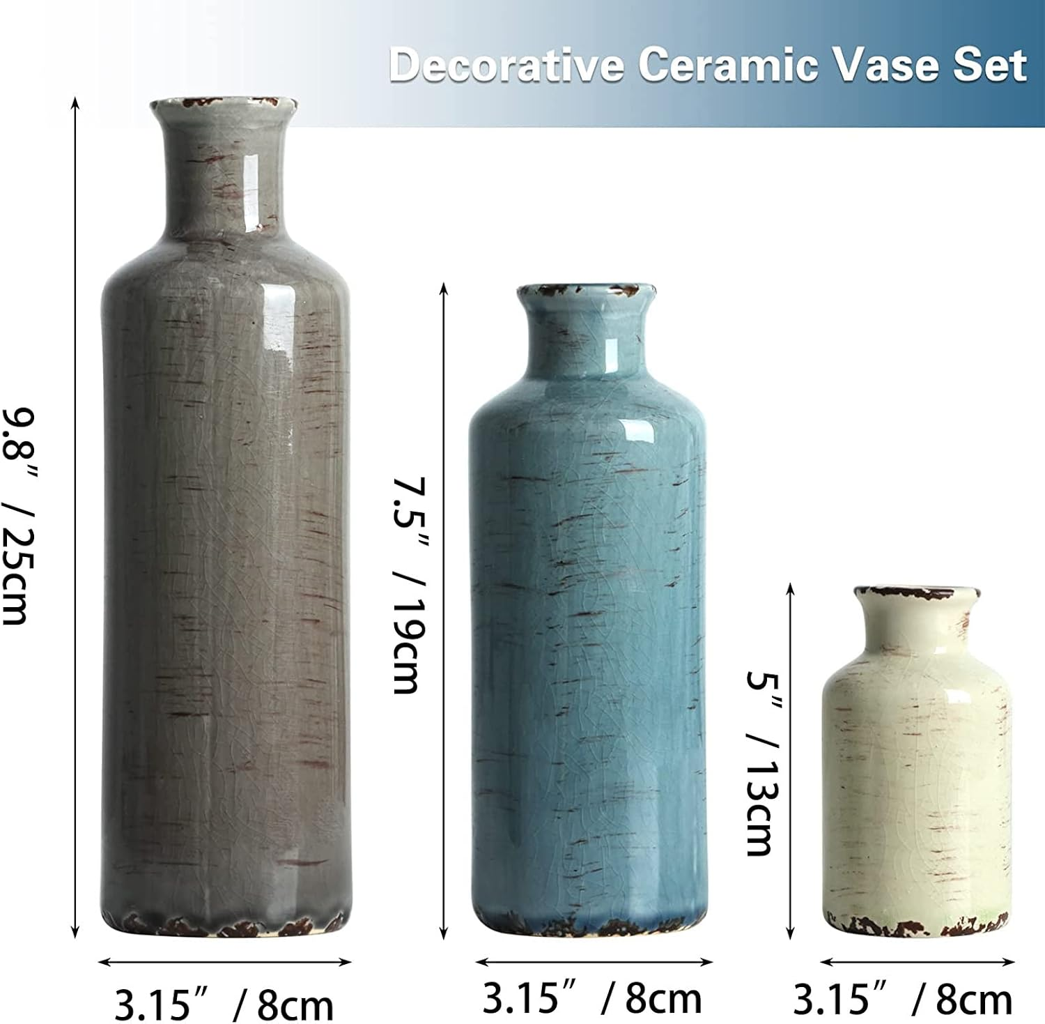 Crackled Finish Ceramic Vases Set of 3, Blue Vase,Bottle Vase,Small Vintage Ceramic Vases for Home Decor, Multicolored Shelf Floor Vases