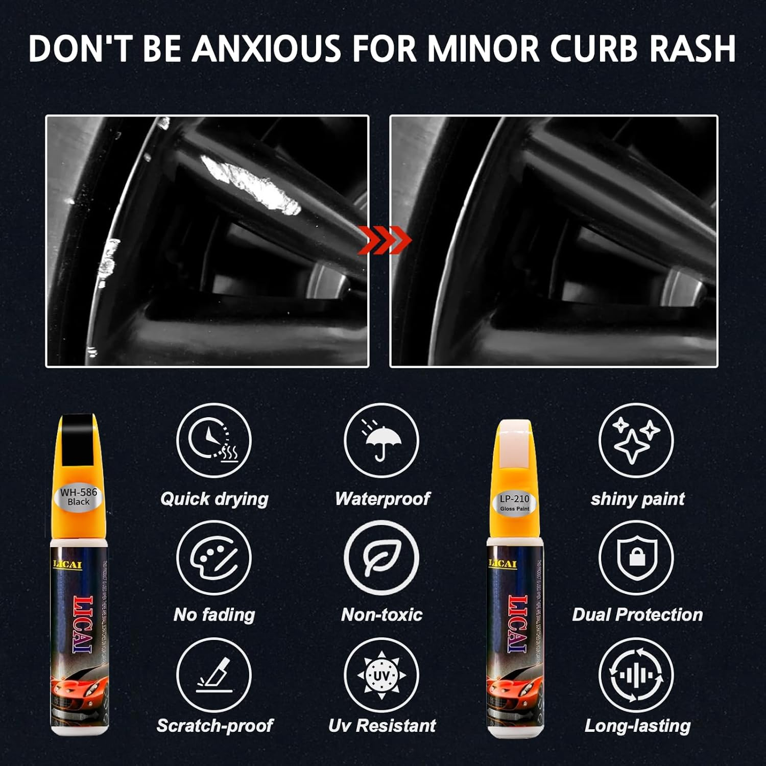 Quick & Easy Gloss Black Rim Scratch Repair Pen for Car Wheels Universal Touch up Paint to Fix Scratches, Curb Rashes & Surface Damage,Black Rim Touch up Paint(Pure BLACK and Varnish)