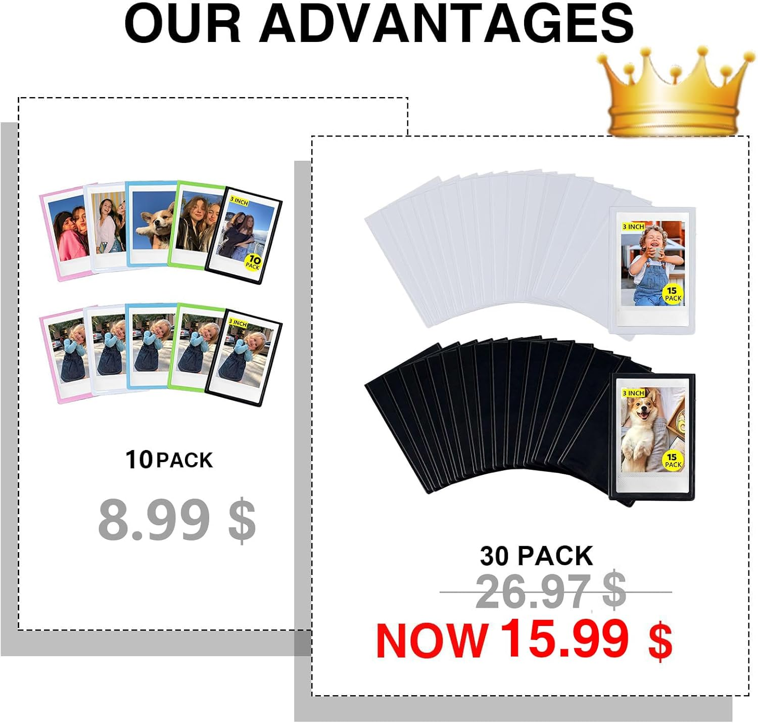 CAIYOULE Instax Mini 3 Inch Magnetic Pocket Picture Frame, 30 Pack Polaroid Magnets for Refrigerator, 2.5 X 3.5 Small Wallet Size Picture Frames Photo Holder, BLACK&WHITE image number 6