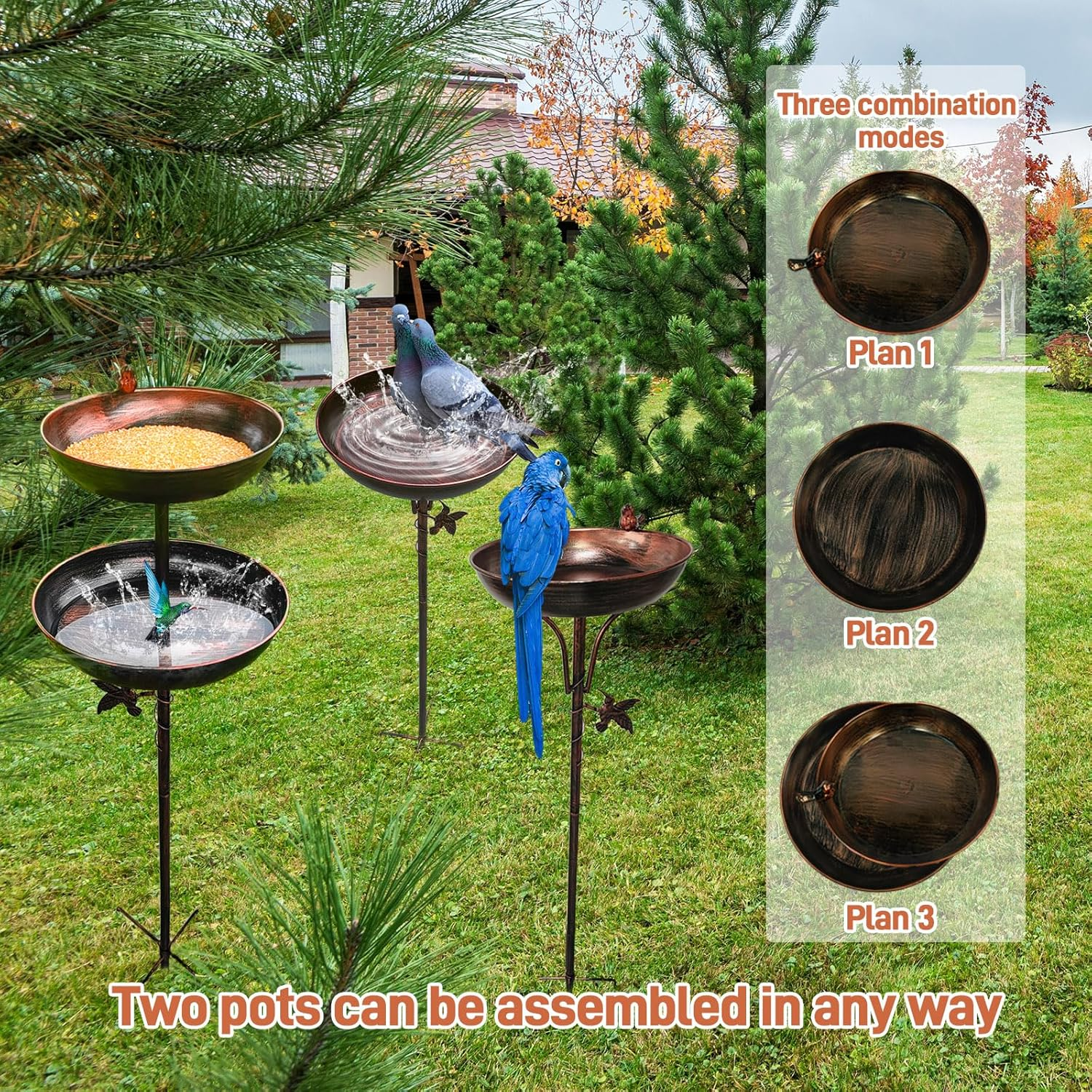 Double Standing Bird Feeder and Bird Bath 120 Cm, Antique Large Birdbath for Outside, Metal Hummingbird Water Feeder Bowl, Tall Sturdy Pedestal Stake for Outdoor Yard Garden Lawn image number 2