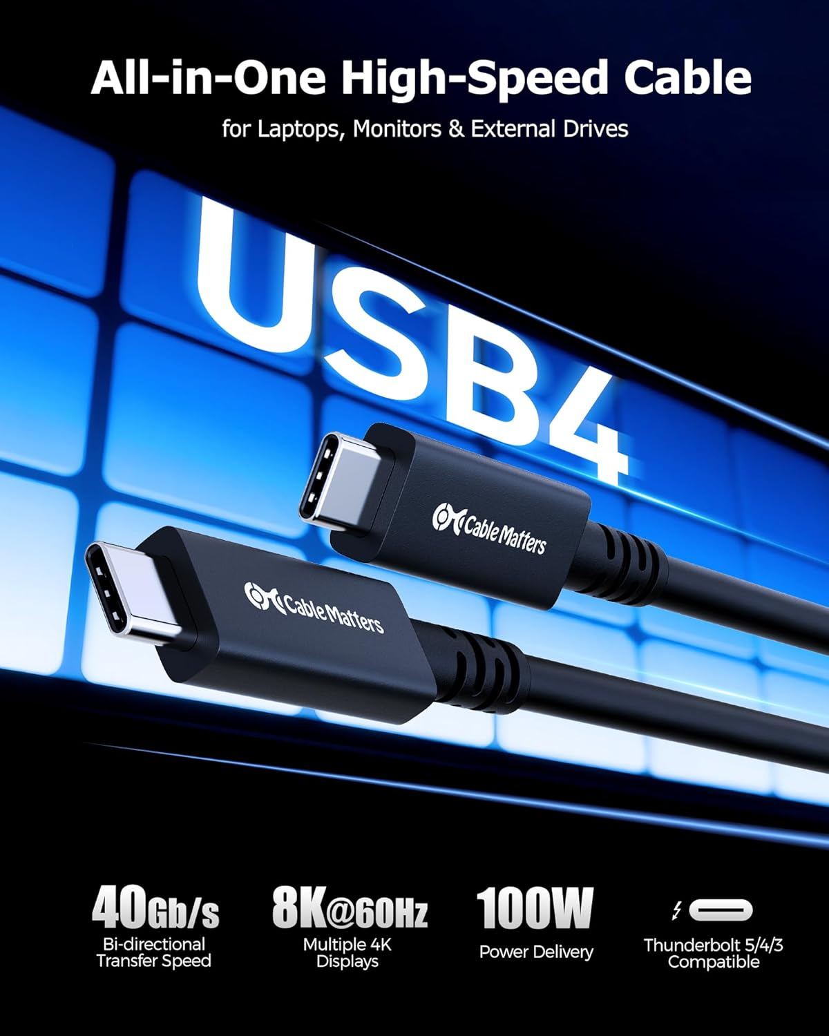 Cable Matters 40Gbps Active USB4 Cable 9.8 Ft / 3M with 8K Video & 100W Charging, Compatible with Thunderbolt 4/3, USB C for VR Headset, Docking Stations, Macbook, DELL XPS, Surface Pro and More image number 2