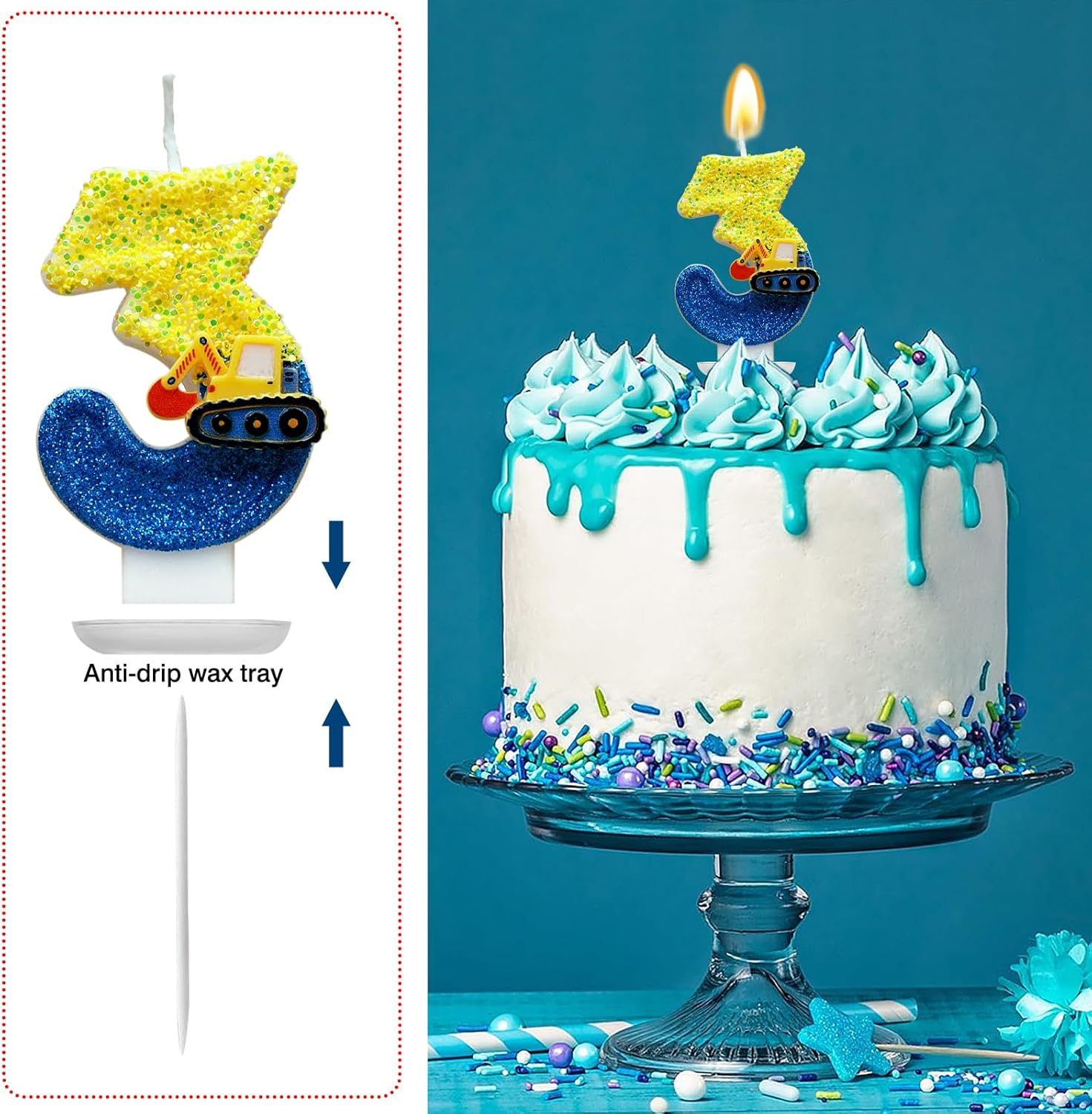 Number 3 Birthday Candles with Excavator Design - DIY Number Cake Decorations for Boys, for 3Rd Birthday Party image number 2