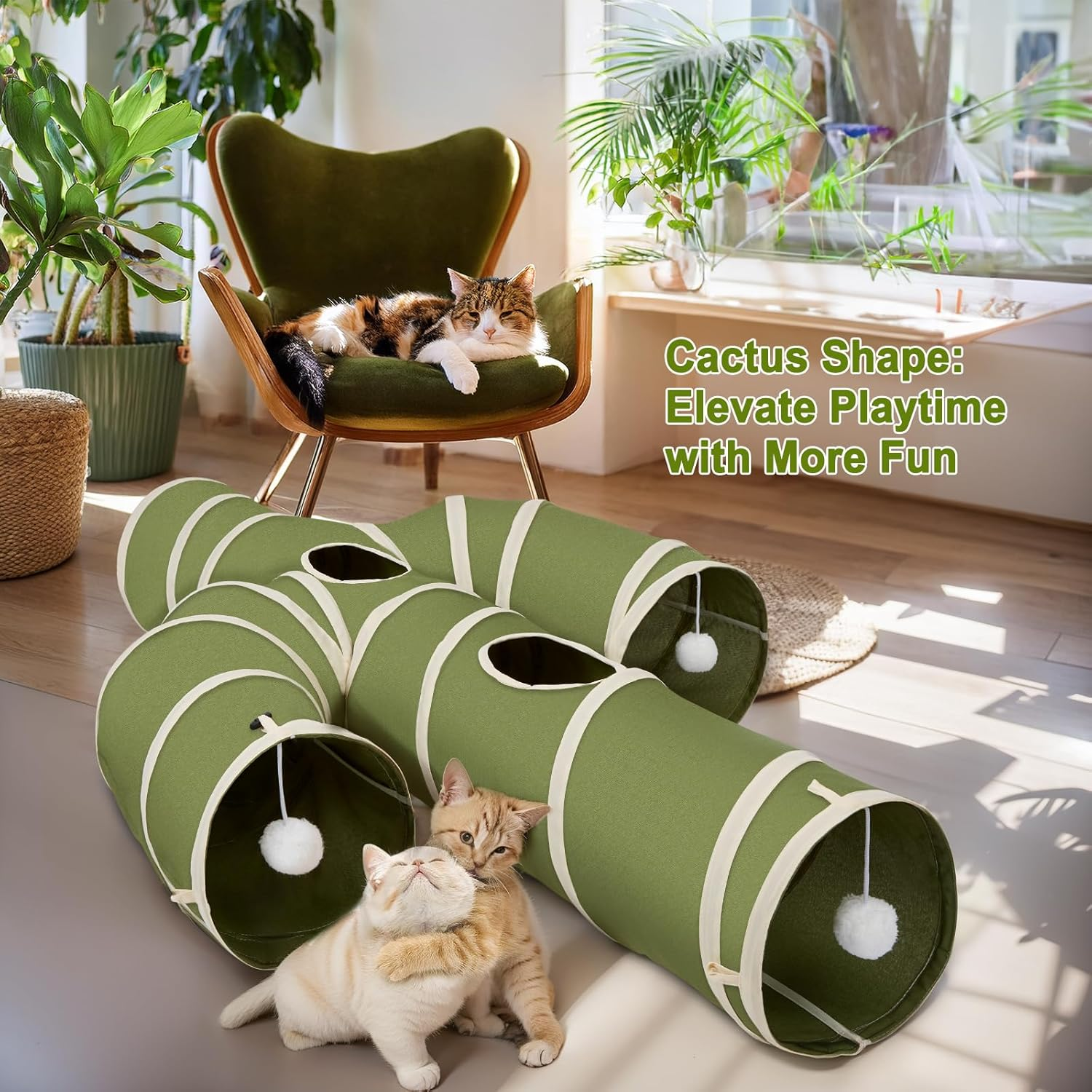 Ownpets Cat Tunnel Large 30Cm Diameter, Cactus-Shaped Cat Tunnel Toy, Sturdy Oxford Fabric Collapsible Cat Tunnels for Indoor Cats, Interactive Peek Hole Pet Tunnel Tube with Cat Wand Toy, Green image number 5