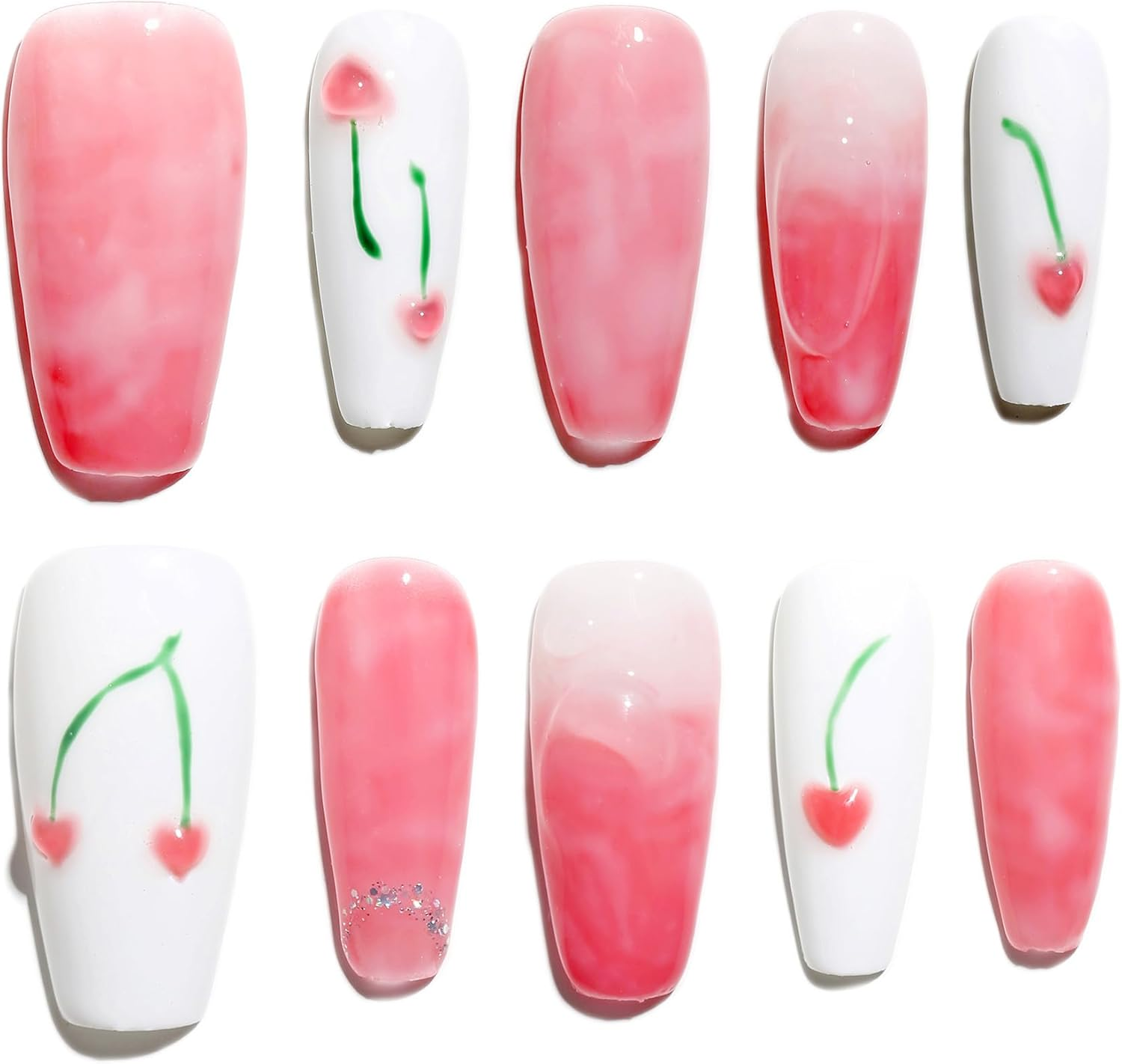 Sun&Beam Nails Handmade Press-On Medium Long Coffin Ballerina Red Green White New Year Pearl Sweet Design Fashion False Nail Tips 10 Pcs Set (#192 M)