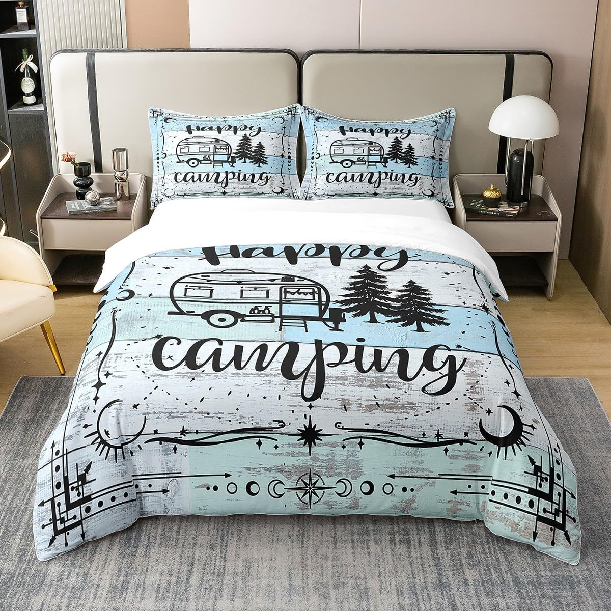 100% Natural Cotton Happy Camping 155 X 220 Cm Comfort Cover, Camper Bed Linen Set, Travel Watercolour Wooden Duvet Cover, Bohemian Style Duvet Cover with Zip Closure, Colourful Bedroom Decor