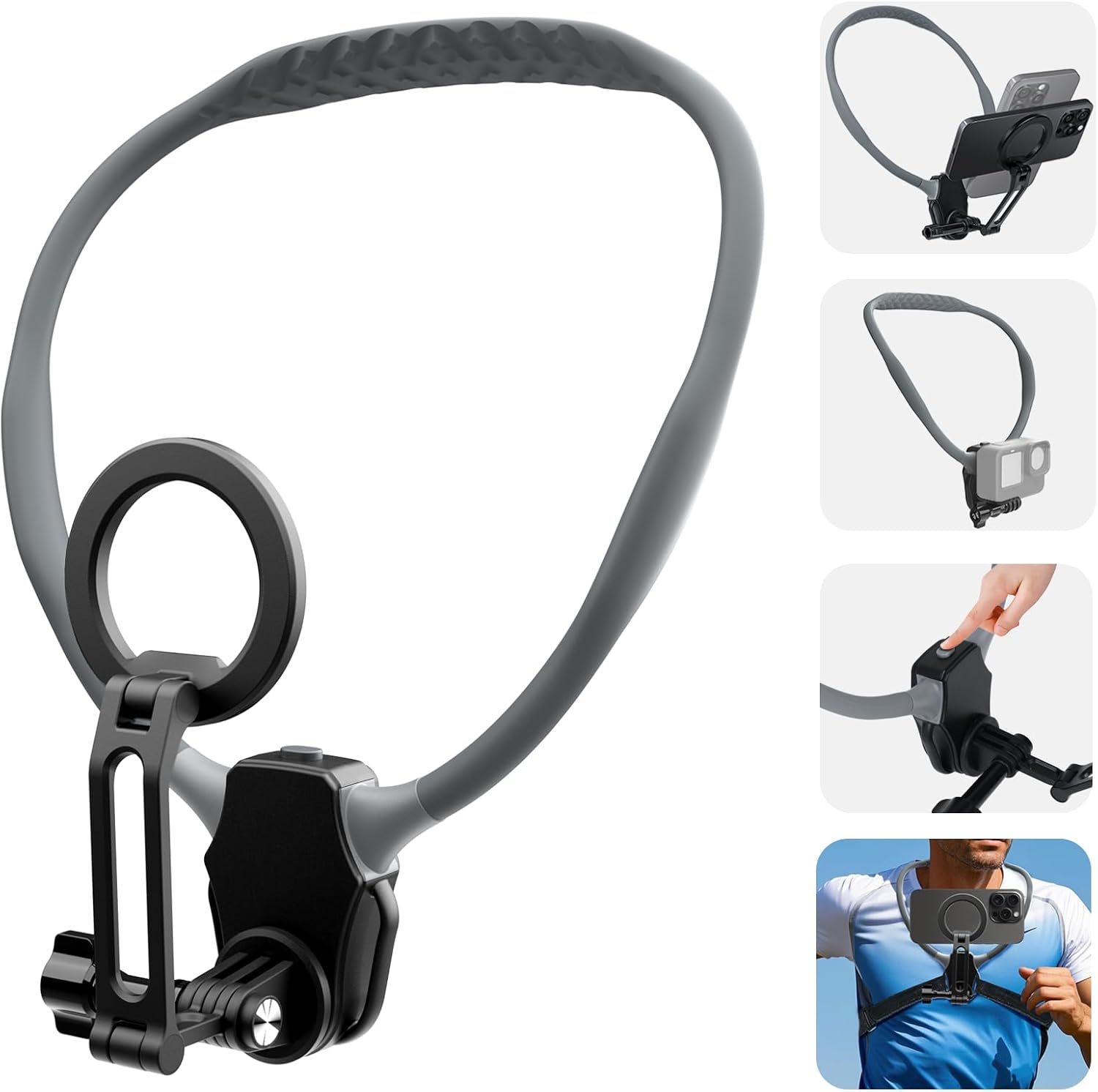 Beviliu Magnetic Neck Phone Holder for Recording, Hands Free Pov/Vlog Phone Holder Neck Mount with Anti-Shake Chest Strap Selfie Video Filming for Iphone 16 15 14 13 12 Seires Android Gopro Insta360 image number 1