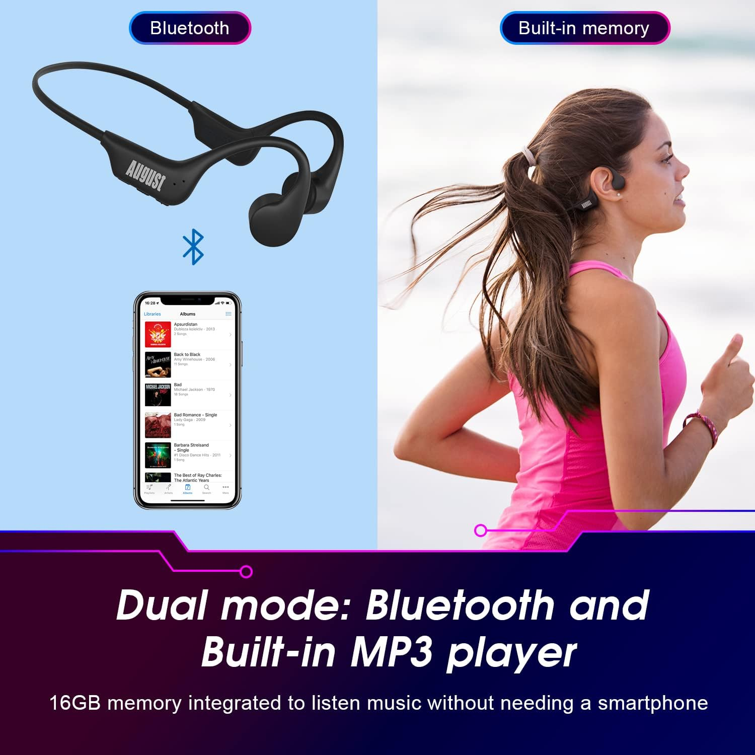 August EP400 Bone Conduction Headphones Bluetooth 5.3 Open Ear Headphones with Microphone and MP3 16GB Player, Lightweight Wireless & Waterproof IP68 for Sport, Running Cycling Hiking Crossfit image number 6