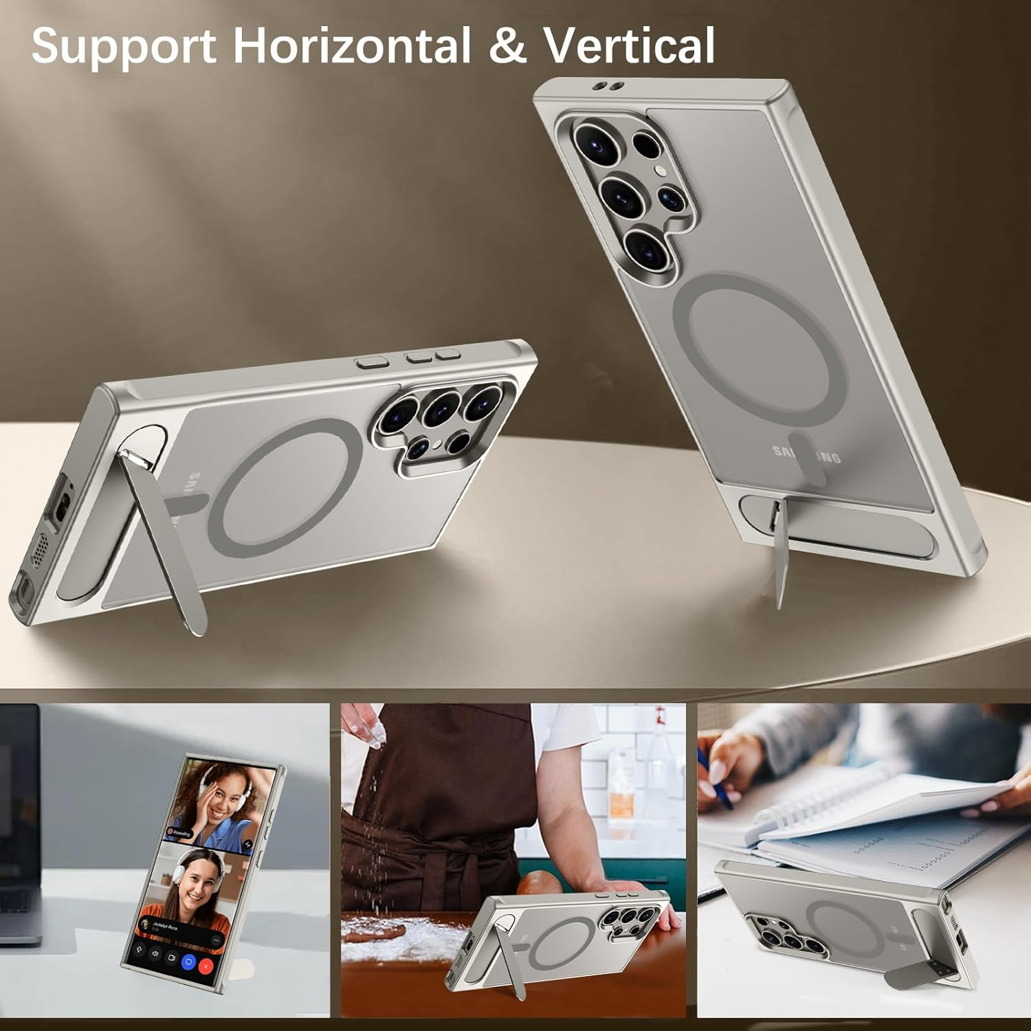 DUEDUE for Samsung Galaxy S24 Ultra Case Magnetic with Stand,[Compatible with Magsafe] Military Grade Protective Skin-Friendly Touch Slim Built-In Kickstand Hard Back Samsung S24 Ultra Cover, Gray image number 6