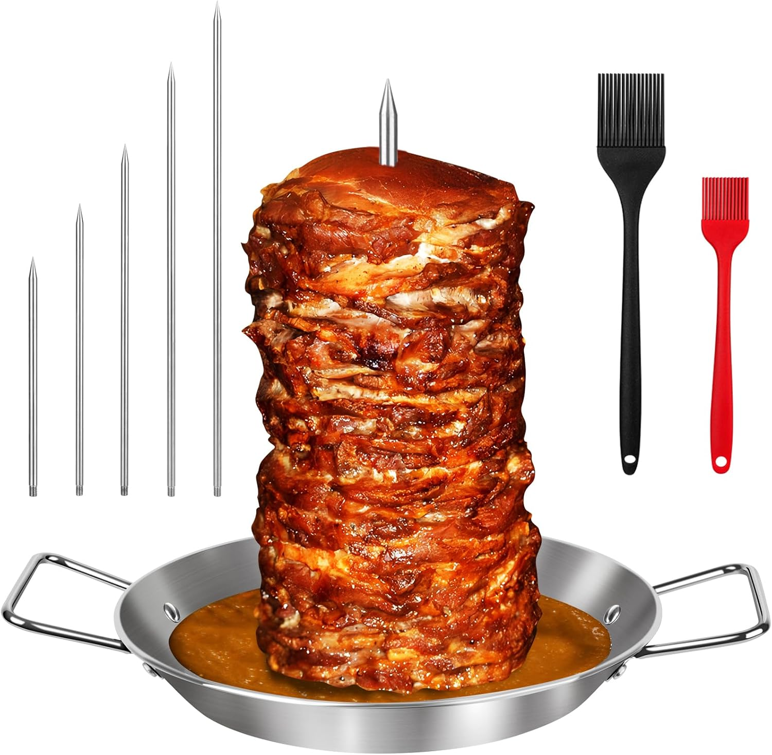 Al Pastor Skewer for Grill, 10 Inch Brazilian Spit Stand with 5 Spikes & 2 Brushes, Stainless Steel Vertical Sticks, Gyro Pan with Fat Separator for Tacos Al Pastor, Shawarma, Chicken on Smoker Oven image number 6