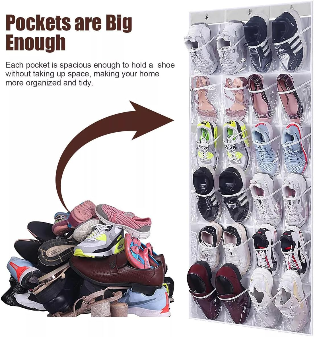 AIMALL 24-Pocket Over-The-Door Shoe Organizer, Hanging Shelf Storage with Stainless Steel Hooks, Durable Non-Woven Polyester, Space-Saving, 17.7X53 Inches - White image number 4