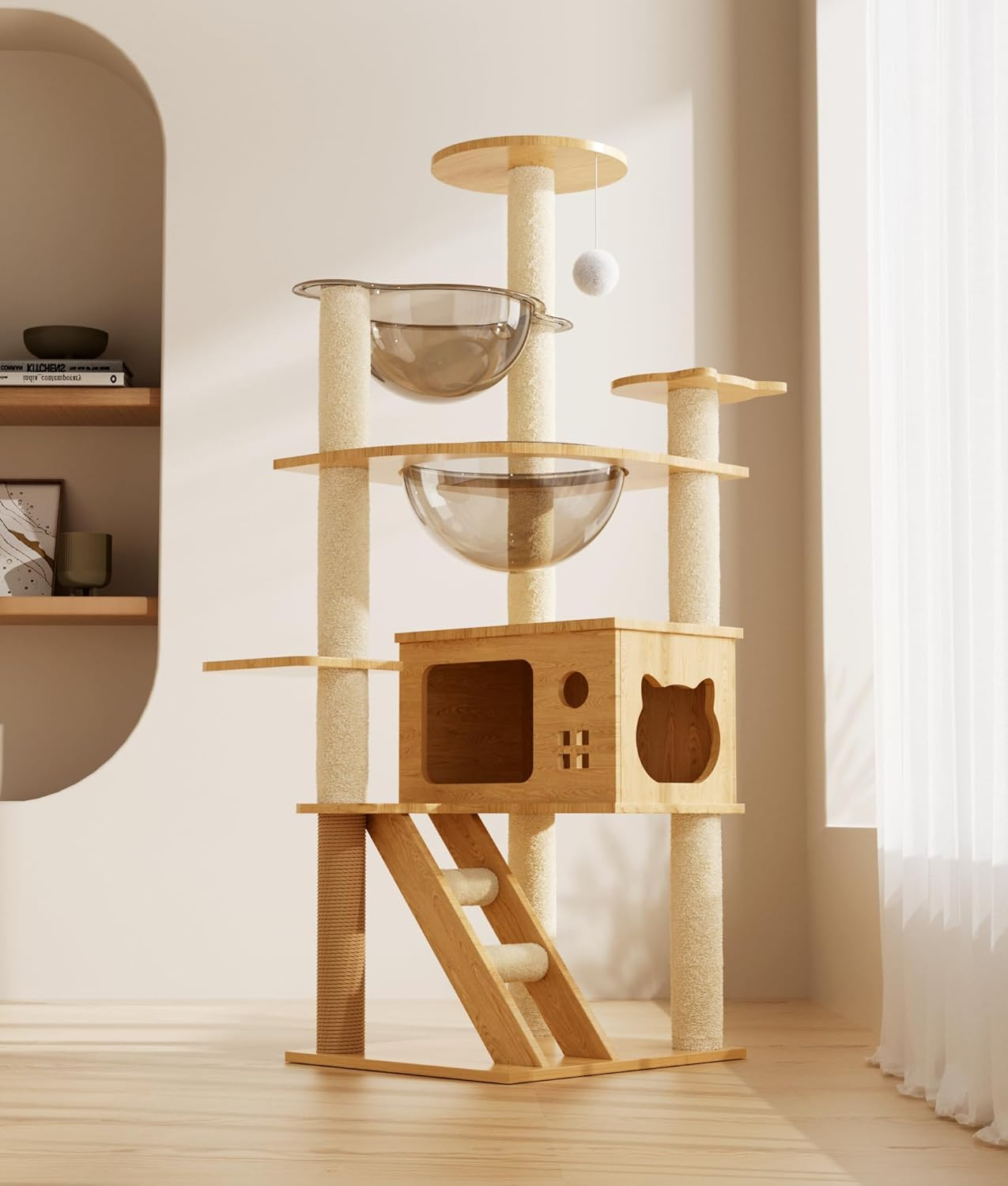 VIC Wooden Cat Tree, 150Cm/130Cm/120Cm Cat Furniture with Scratching Posts, Modern Cat Tower with Hammocks, Toys, Cat Condo Modern Environmental-Friendly Woodcraft Style (1.3M.)