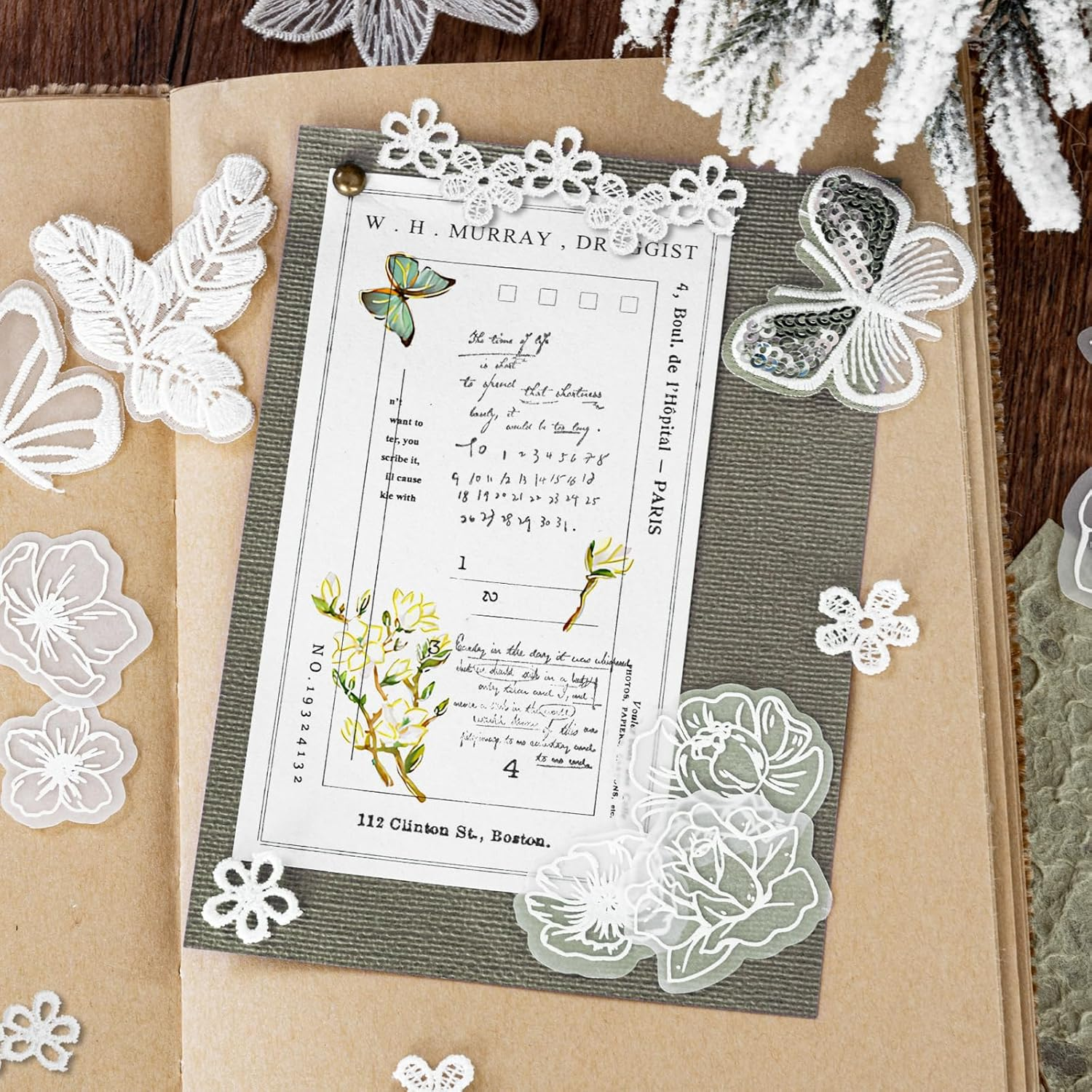 Vintage White Flower Decorative Paper Scrapbooking Paper Pack Aesthetic Paper with Lace Ribbon Embroidered Applique of Butterfly Flower Leaf for Junk Journal Diary Planner Art Supplies Kit (Purity) image number 5