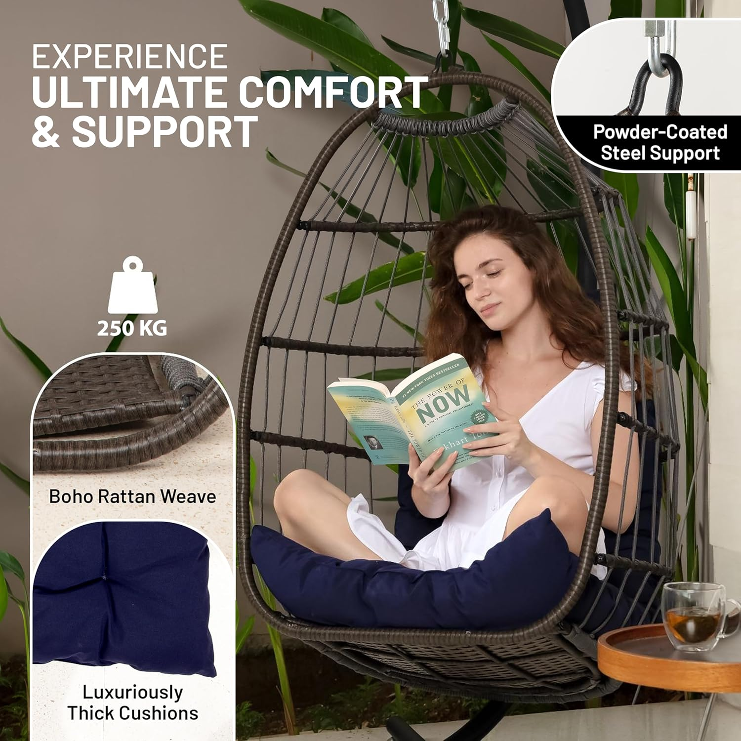 Serenelife Hanging Egg Chair with Stand - up to 250 Kg of Capacity - Beautiful Swinging Basket Chair with Base Made from Wicker Rattan and Powder-Coated Steel Frame - Egg Swing Chair with Stand - Deep Blue image number 4