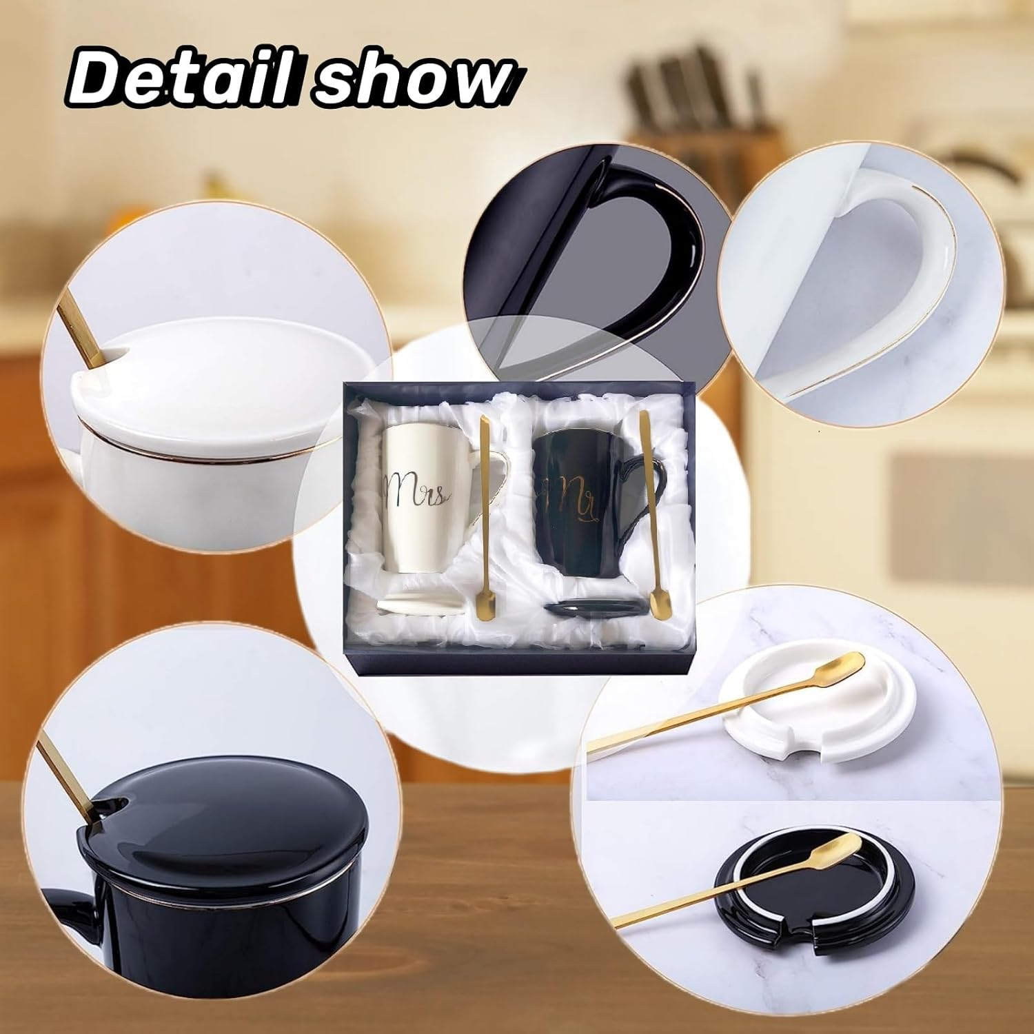 YOZRAN Coffee Mugs Set Couple Cups, Wedding Presents for Bridal Shower, Engagement Gifts Couple Gifts, Birthday for Him Her Husband Wife Anniversary (Black&White) - Pinkgrey image number 6